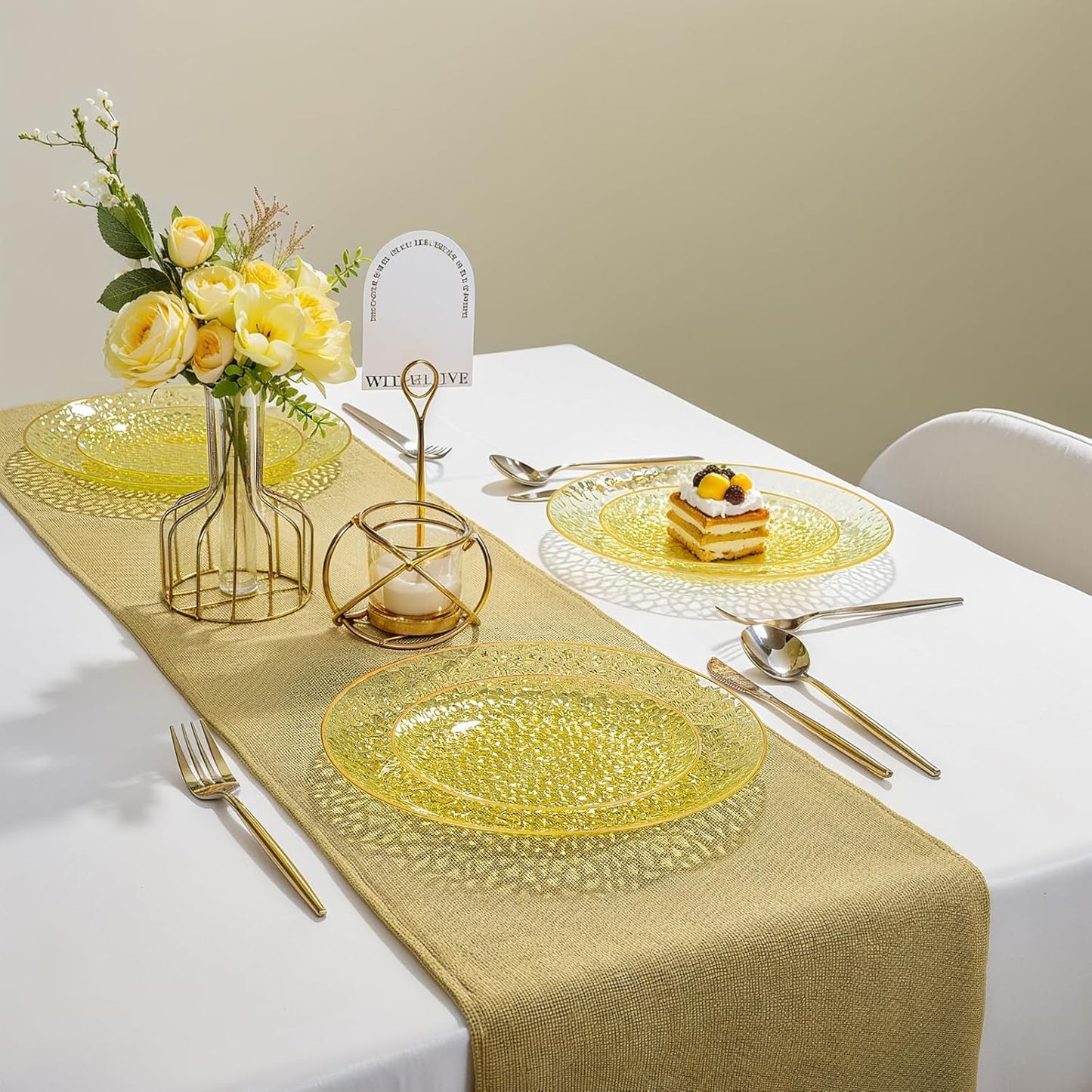 Rubtlamp 100Pcs Yellow Gold Plastic Plates, Yellow Disposable Plates With Gold Rim, Clear Heavy-duty Party Supplies, Hammered Plastic Plates Include 50 Dessert Platos, 50 Dinner Platos for Party