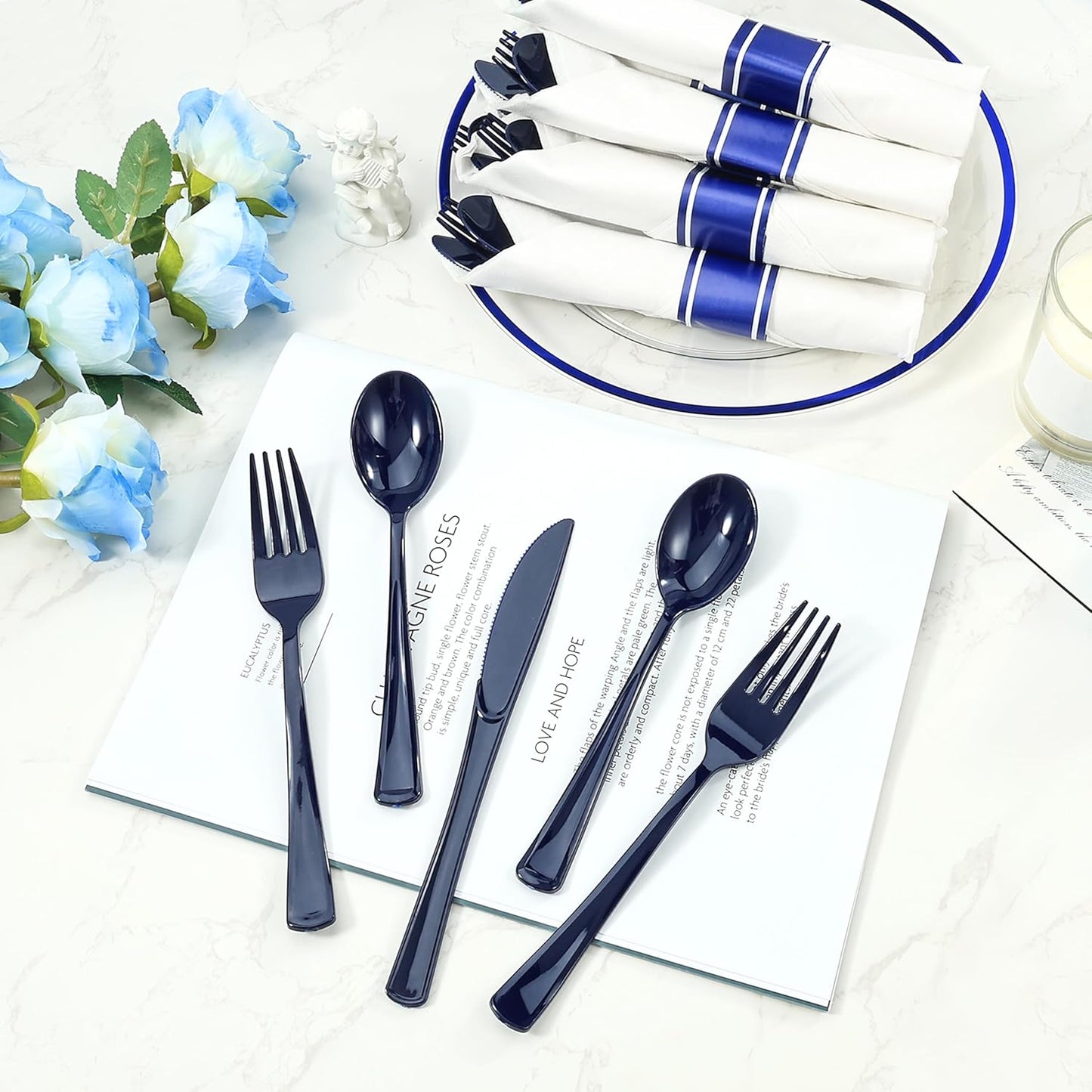 Goodluck 50 Set Dark Blue Pre Rolled Plastic Cutlery Set, Wrapped Silverware Set with 50 Forks, 50 Knives, 50 Spoons and 50 Napkins, Perfect for Party, Wedding, Christmas