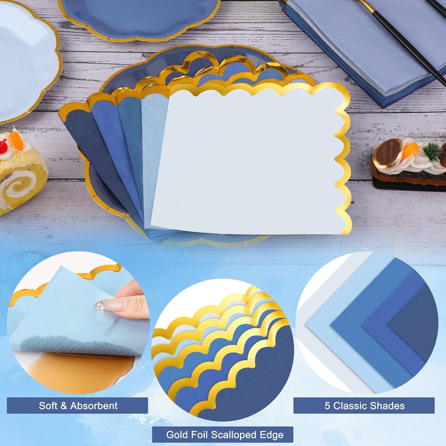 100 Pcs Dusty Blue Paper Plates and Napkins Gold Foil Scalloped Paper Plates & Napkins Disposable Tableware Set for Birthday Wedding Baby Shower Party Decorations