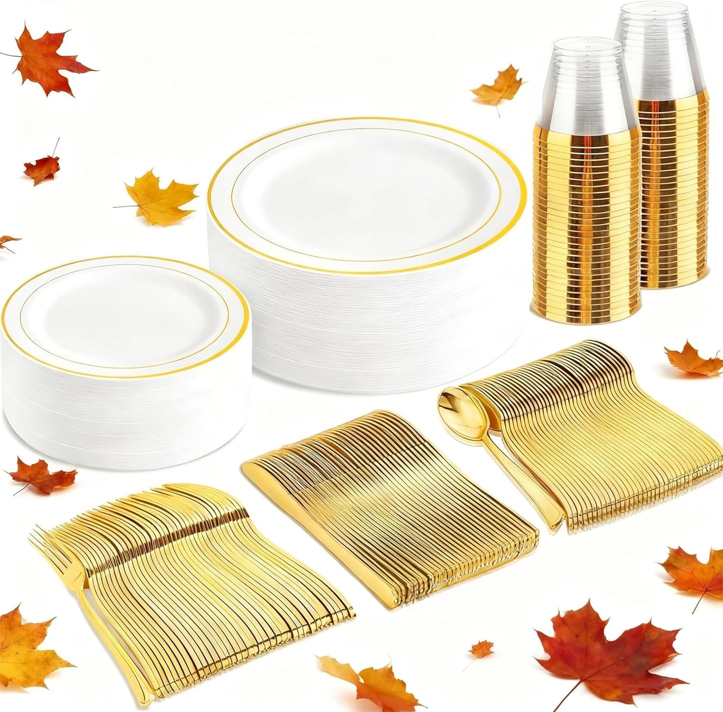 bUCLA 150PCS Gold Plastic Dinnerware Set Disposable - Heavy Duty Gold Plates Include 25 Dinner & 25 Dessert Plates,25 Forks,25 Knives,25 Spoons&25 Cups for Party&Thanksgiving Table Decor