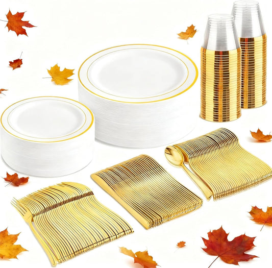 bUCLA 150PCS Gold Plastic Dinnerware Set Disposable - Heavy Duty Gold Plates Include 25 Dinner & 25 Dessert Plates,25 Forks,25 Knives,25 Spoons&25 Cups for Party&Thanksgiving Table Decor
