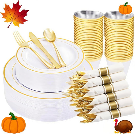 WELLIFE 210 Piece Gold Plastic Dinnerware Set, Include: 30 Dinner Plates, 30 Dessert Plates, 30 Pre Rolled Napkins with Silverware and 30 Cups