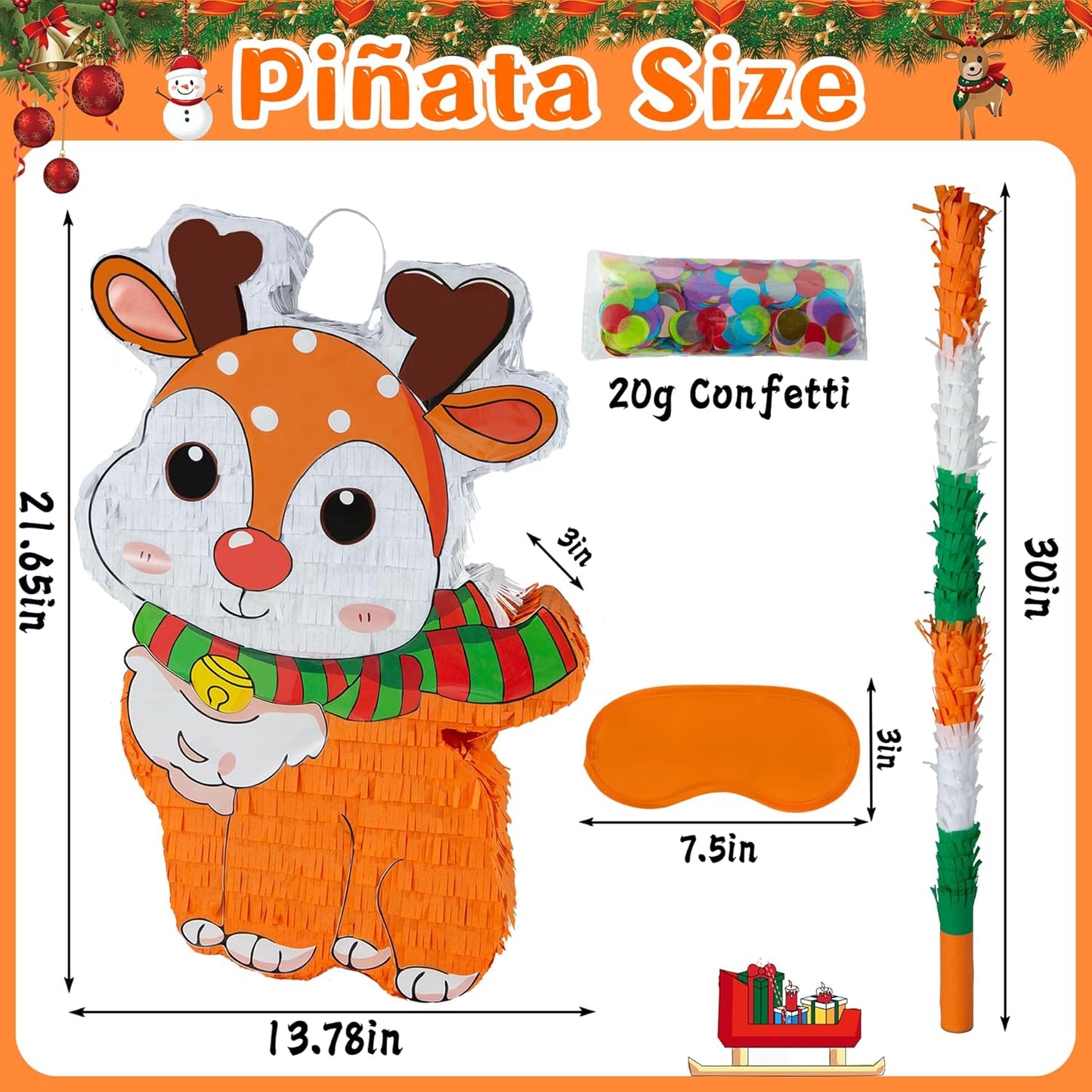 PCFING 21.6 Inch Christmas Reindeer Piñata with 30 Inch Piñata Stick Blindfold Confetti for Boy Girl Adults Xmas Party Game Decorations