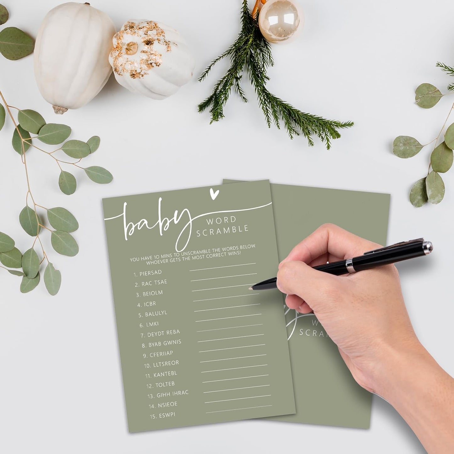 ONDTOM Olive Blue Baby Shower Games, Word Scramble Game, Minimalism Baby Gender Reveal Party Game, Pregnant Celebration Decoration Supplies(5"x7")-game-B07