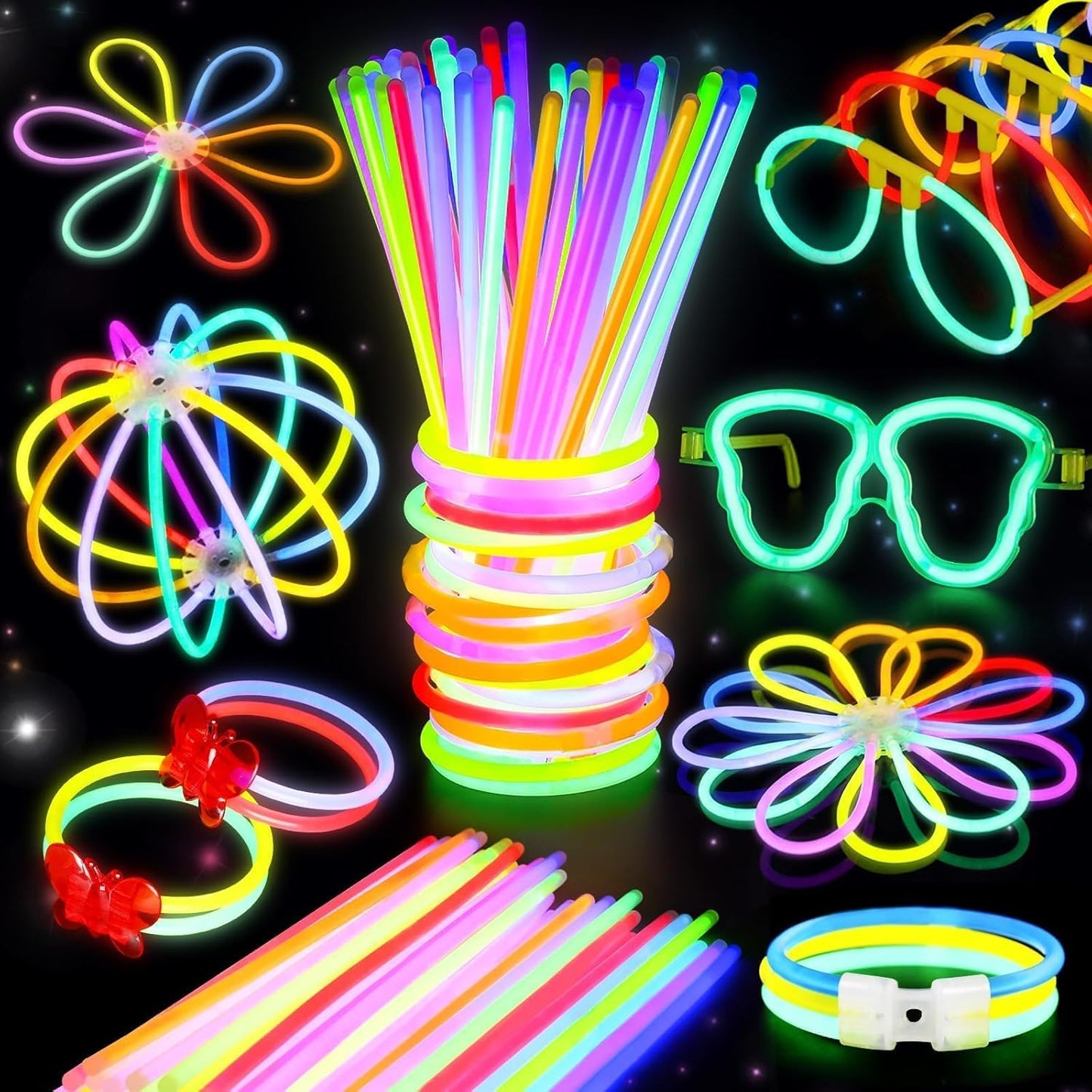 BUDI 467Pcs Glow Sticks Christmas Party Favors New Year Eve Party Supplies for Kids Adult Glow in the Dark 4th of July Accessories Neon Decors Glowsticks Bulk 8 Colors 8" with Connectors for Parties