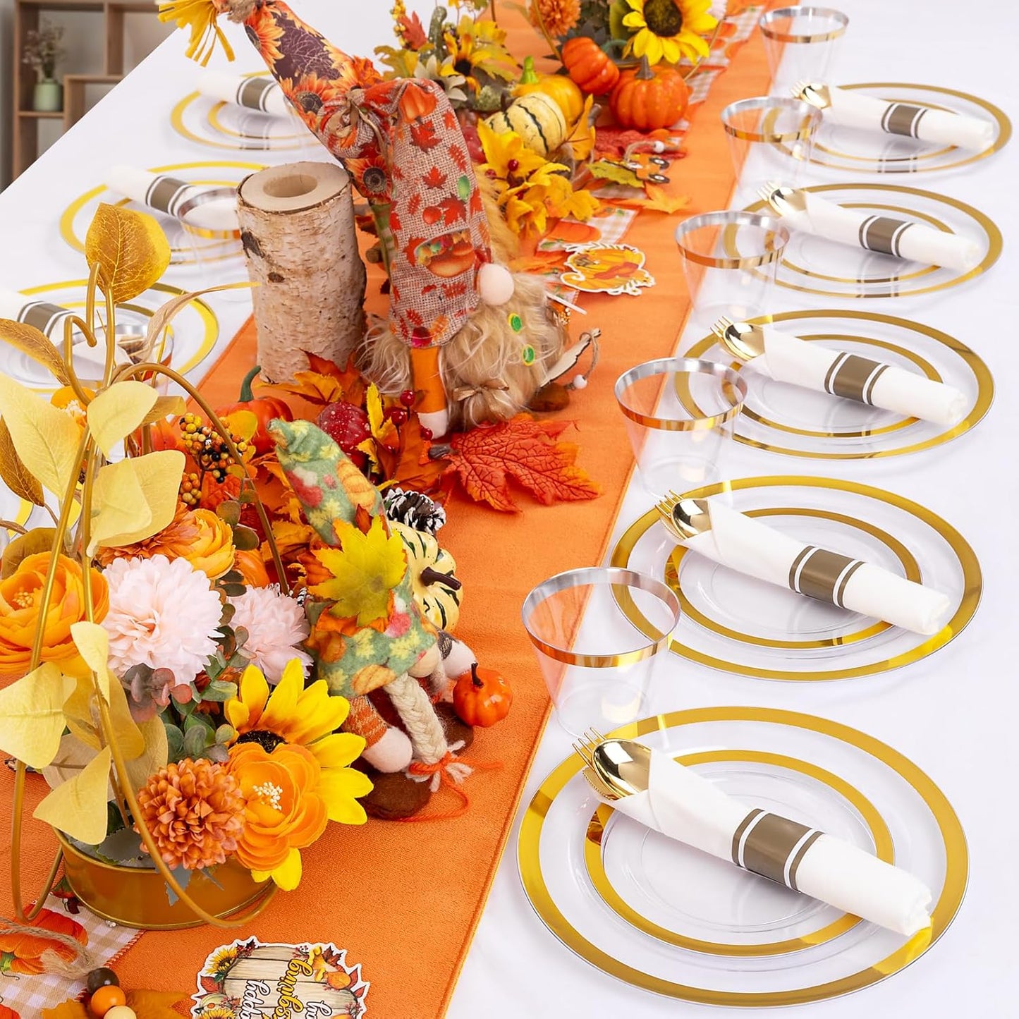 Liacere 350PCS Clear Gold Plastic Plates for 50 Guests Dinnerware Include 100 disposable Plates 150 Gold Silverware 50Napkins for Party&Wedding&Thanksgiving&Fall Decor