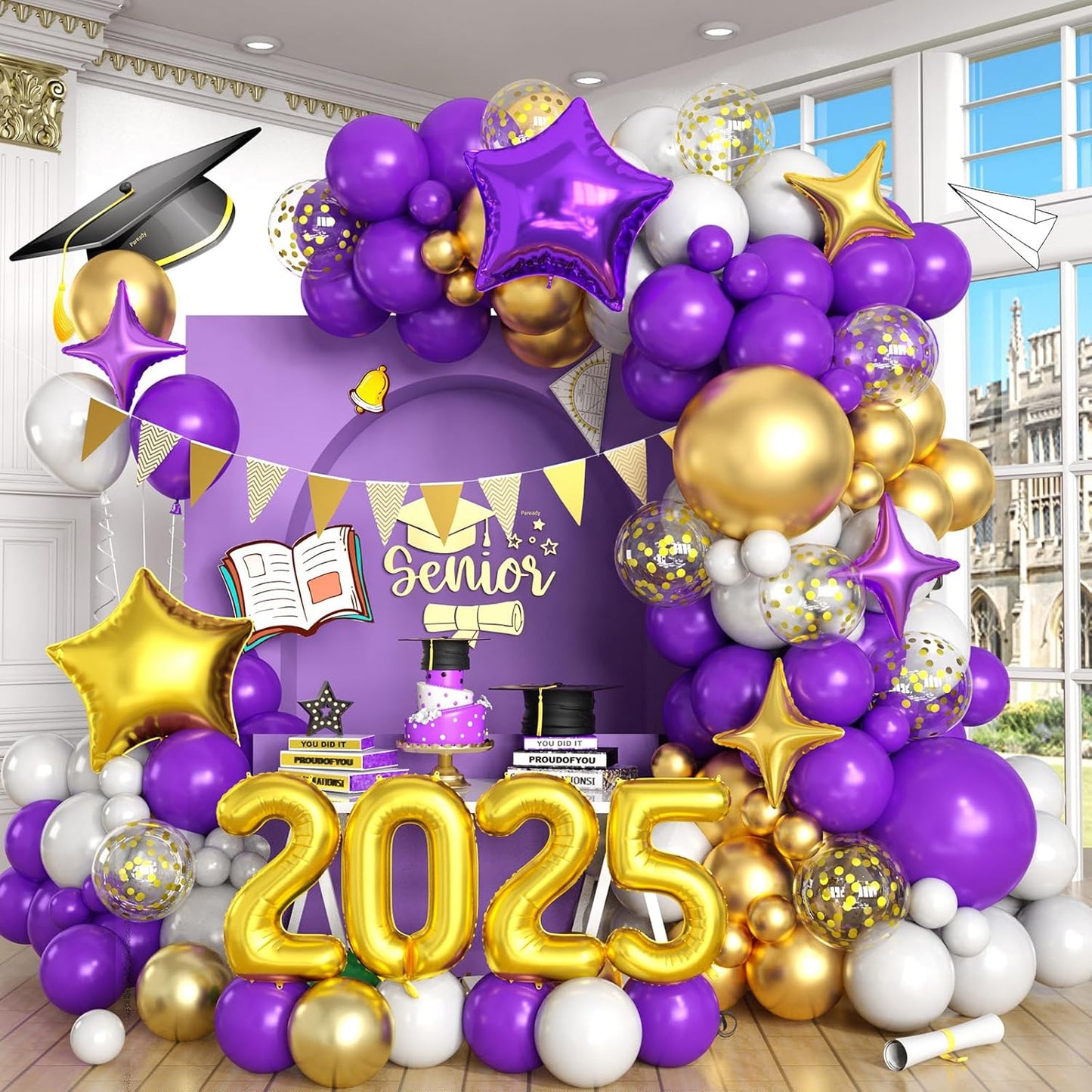 Purple Gold White Balloons Arch Kit with Star Balloon Pennant Flag Bunting 2025 Foil Balloon Banner Purple Gold Confetti Balloons Garland for Class of 2025 Graduation Theme Birthday Party Supplies