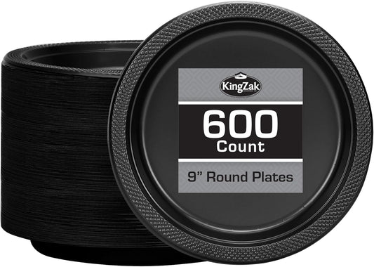 Hanna K. Signature Black Plastic Plates 9 Inch - 600 count - Plastic Solid Round Party Plates For Weddings, BBQs, Birthday Plates - Disposable Black Plates - Plastic Dessert Plates