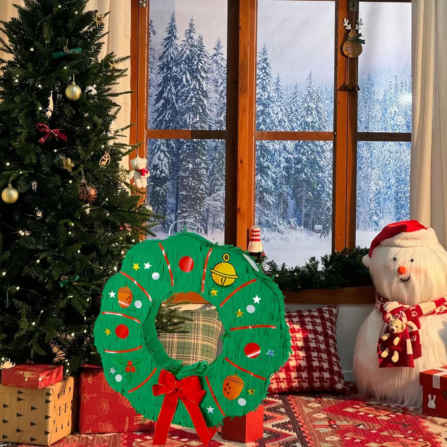 PCFING 18 Inch Christmas Wreath Piñata with 30 Inch Piñata Stick Blindfold Confetti for Boy Girl Adults Xmas Party Game Decorations