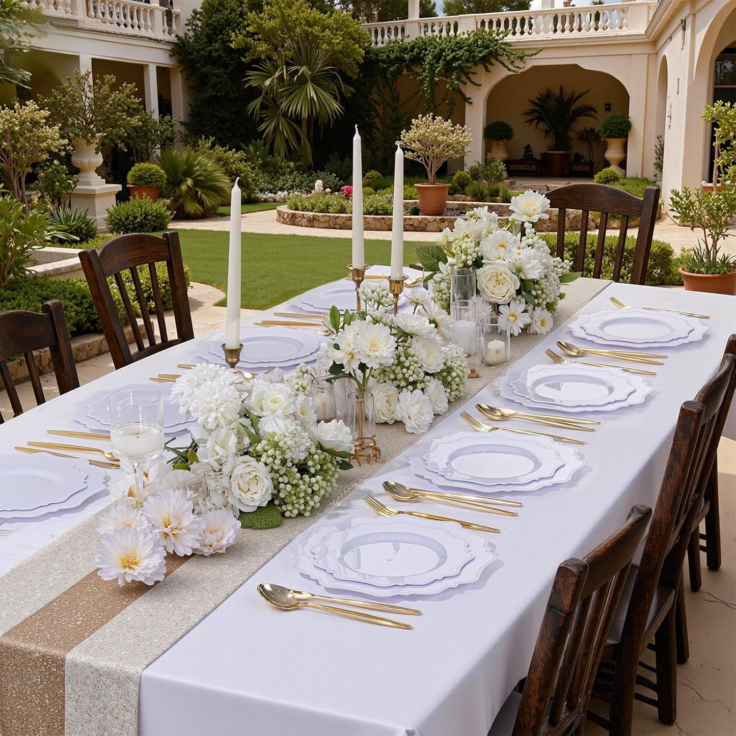 COLOSUS 100 pcs White Plastic Plates Set,Fancy Beaded Plates-European Retro plates include 50 dinner plates and 50 dessert plates,Plastic Disposable plates for Halloween,Thanksgiving,BBQ and Party