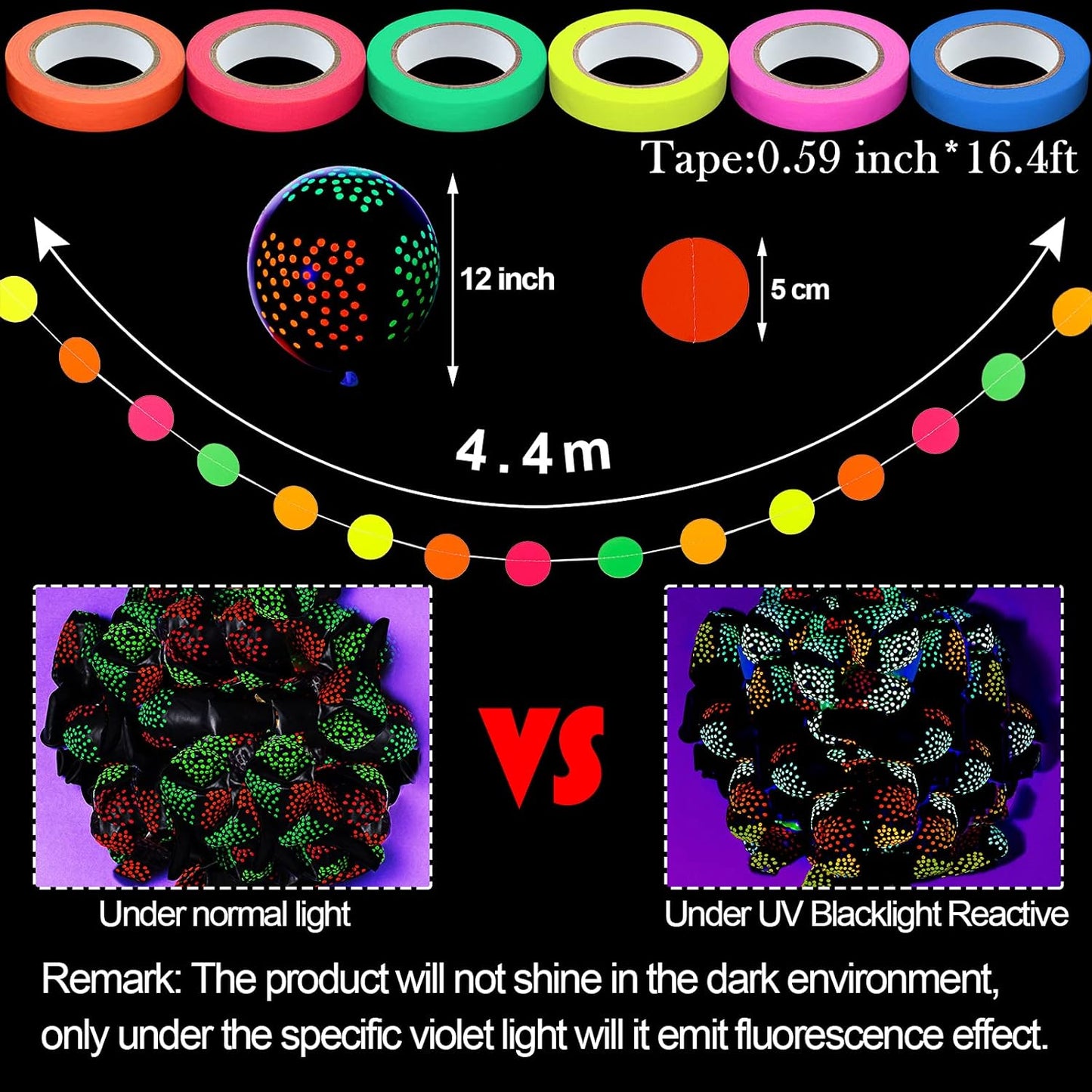 32 Pcs Glow in The Dark Party Supplies Halloween Neon Party Favors with 25 Fluorescent Balloon 6 Rolls 98.4 ft UV Blacklight Luminous Tape 14.4 ft Neon Streamer Garland for Adults(Funny Dot)
