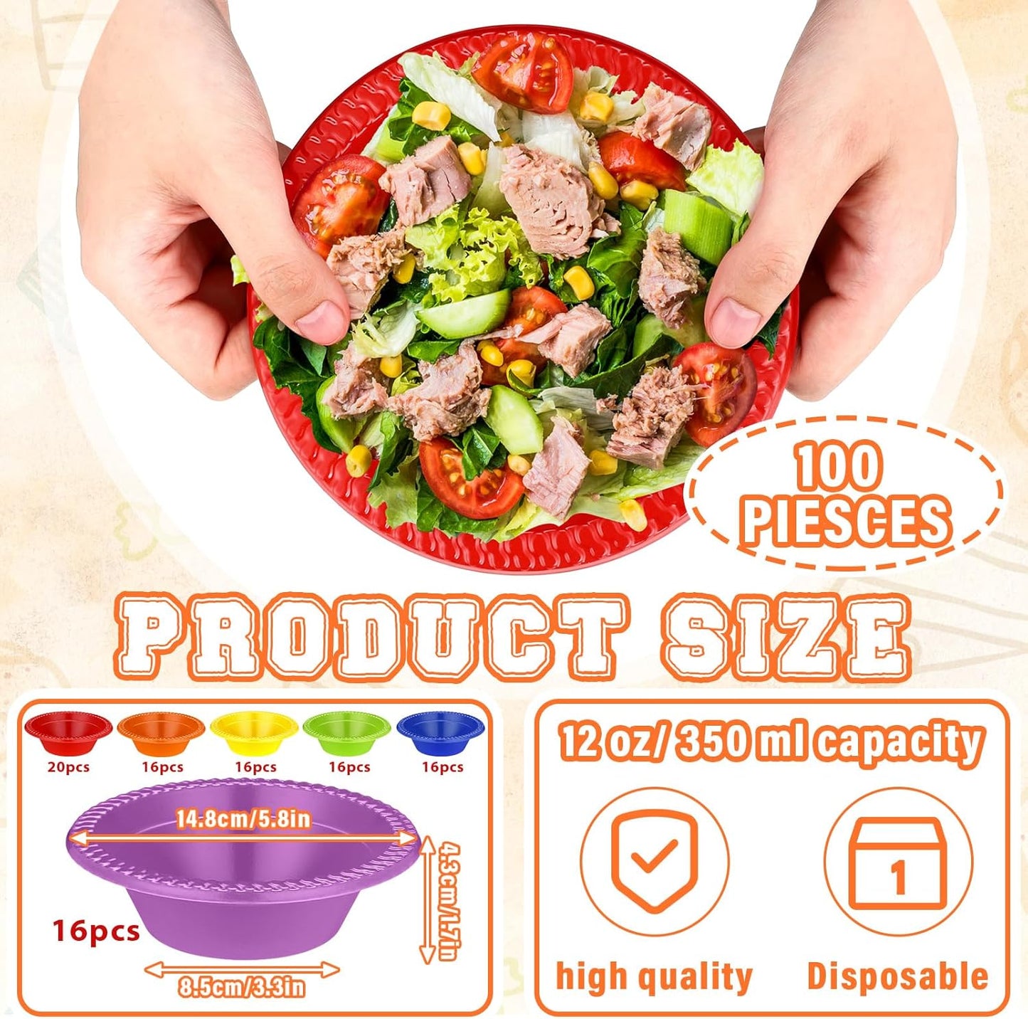 Lallisa 100 Pcs 12oz Rainbow Disposable Plastic Bowls Dessert Cups Ice Cream Snack Salad Soup Food Serving Bowls for Party Favor Picnic