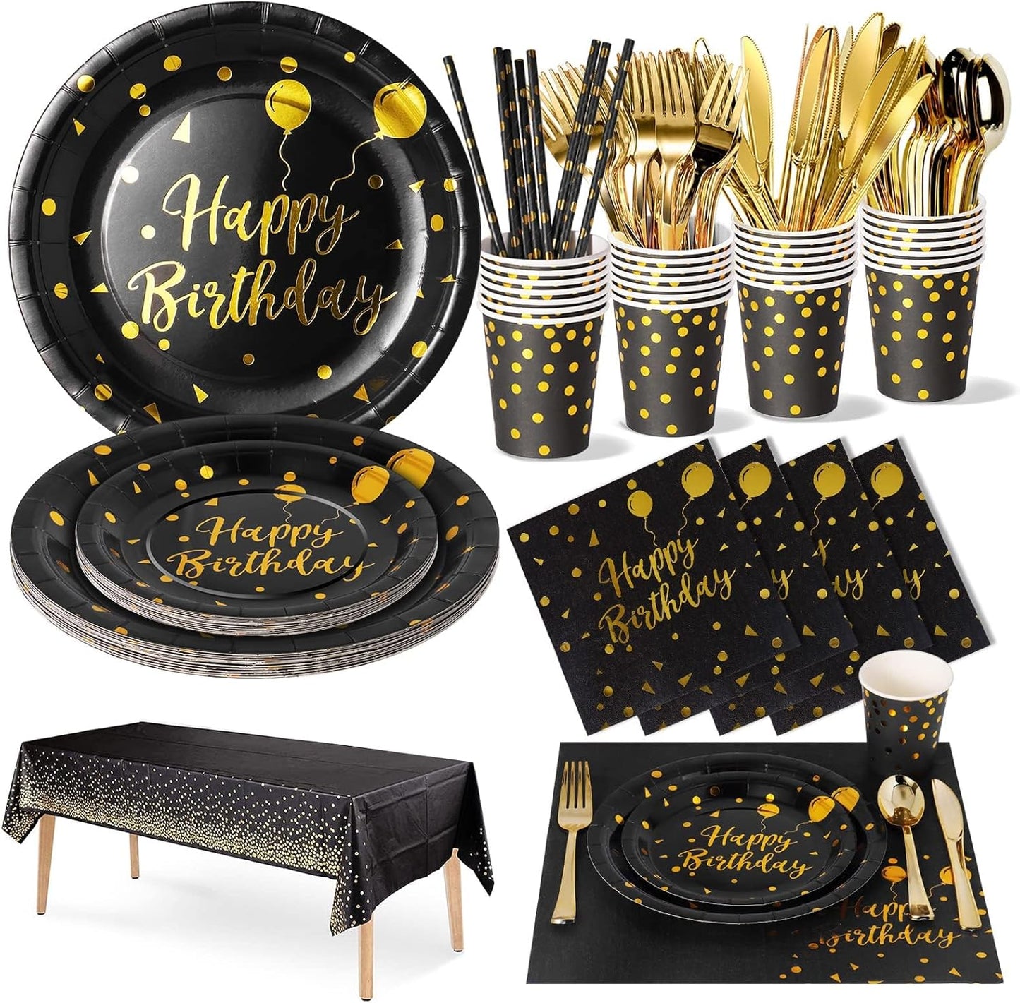 Birthday Party Tableware, 161 Pieces Black Gold Party Supplies, Party Dinnerware Sets Include Paper Plates Napkins Cups Silverware, for Shower Engagement Parties Decoration -20 Serves