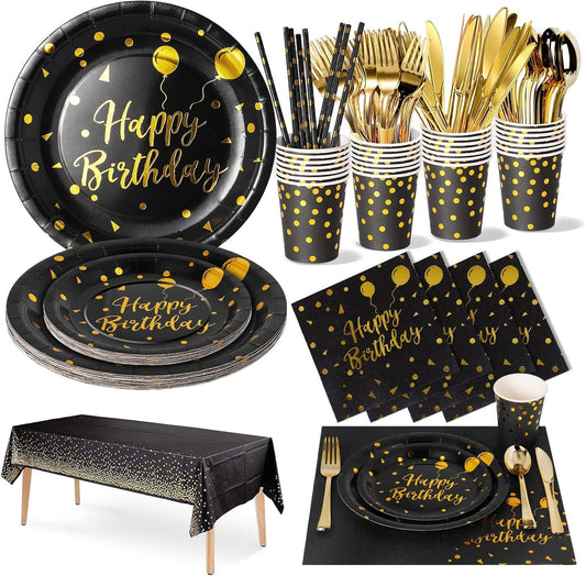 Birthday Party Tableware, 161 Pieces Black Gold Party Supplies, Party Dinnerware Sets Include Paper Plates Napkins Cups Silverware, for Shower Engagement Parties Decoration -20 Serves