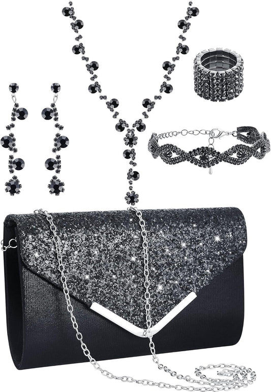 Henoyso 5 Pcs Purse Rhinestone Jewelry Set Prom Jewelry Rhinestone Clutch Purse Necklace Earrings Bracelets for Women Bride