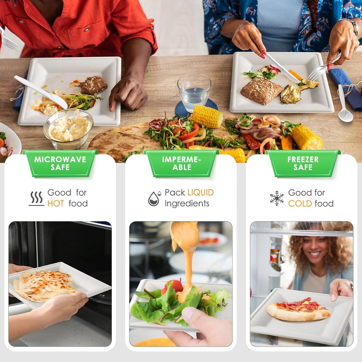 Gezond Compostable Paper Plates Set 300pcs Disposable Sugarcane Plates 10 Inch Eco-friendly White Square Plate with Napkins Biodegradable Heavy-duty Utensils for Party