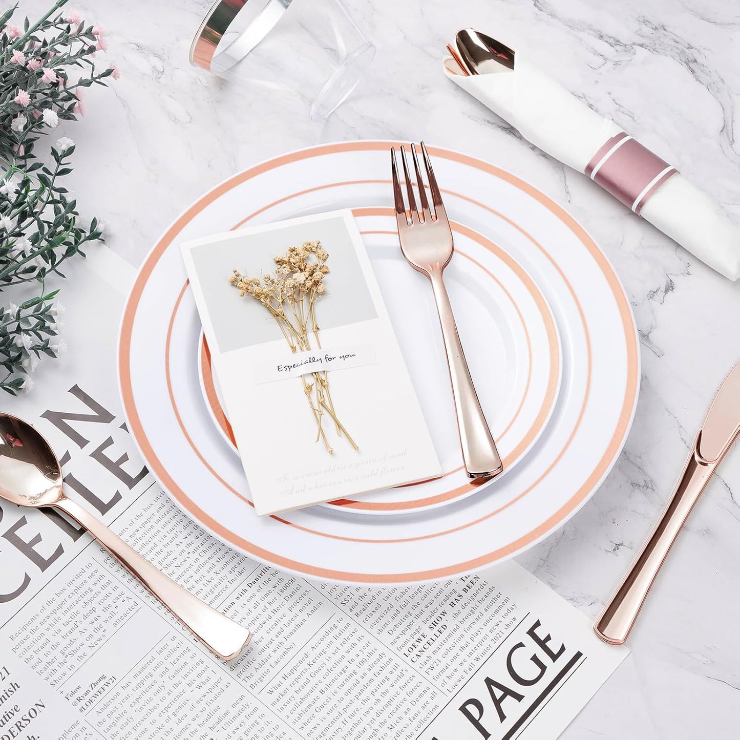 BESTVIP 350PCS Rose Gold Plastic Dinnerware Set, Disposable Party Plates for 50 Guests, Include: 100 Plastic Plates, 50 Pre Rolled Napkins with Rose Gold Silverware, 50 Cups for Christmas, Halloween