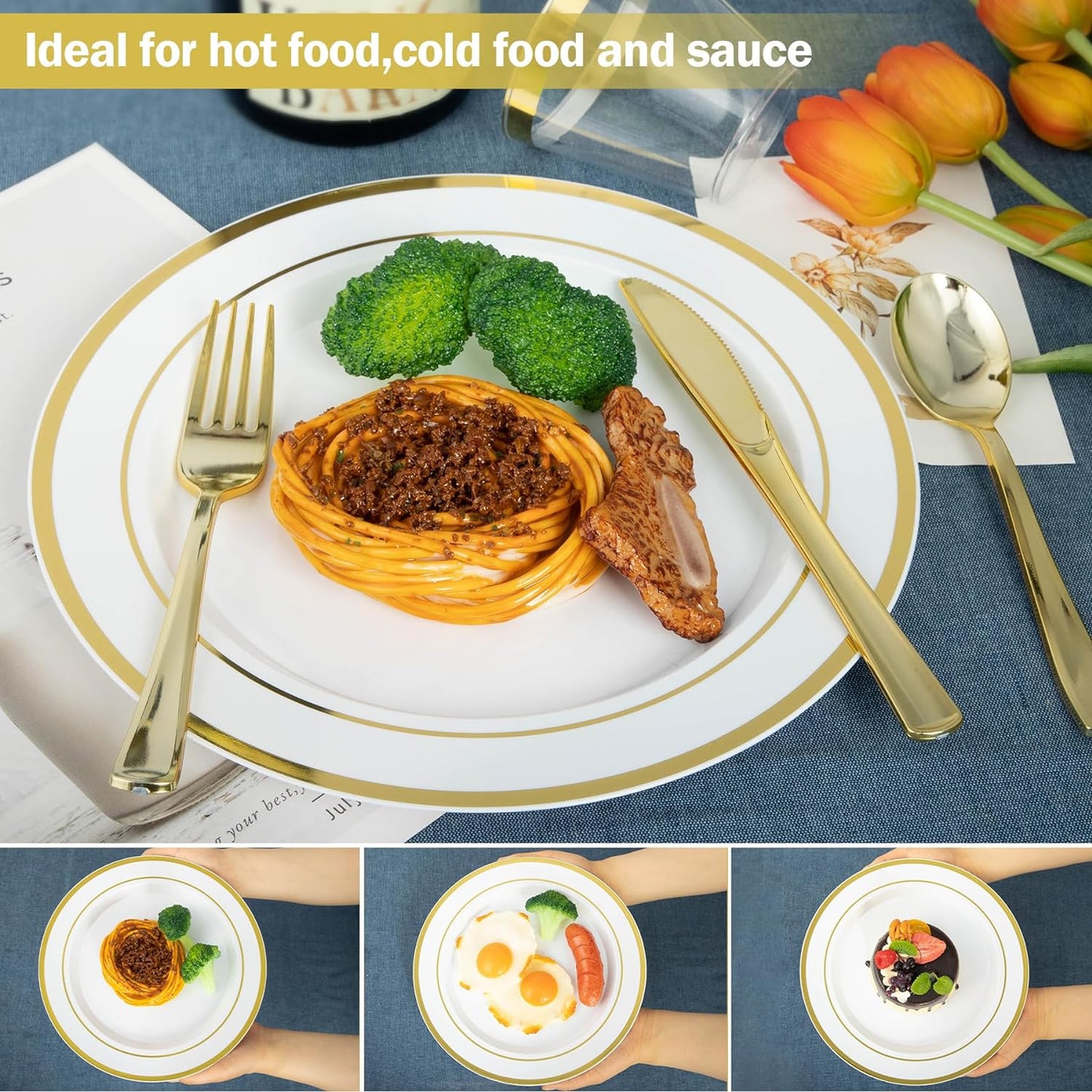 N9R 600PCS Disposable Plastic Plates, Gold Plastic Dinnerware Set Includes 100 Dinner Plates, Dessert Plate, Cups, Spoons, Forks, Knives for 100 Guests, Perfect for Party, Wedding, Birthday