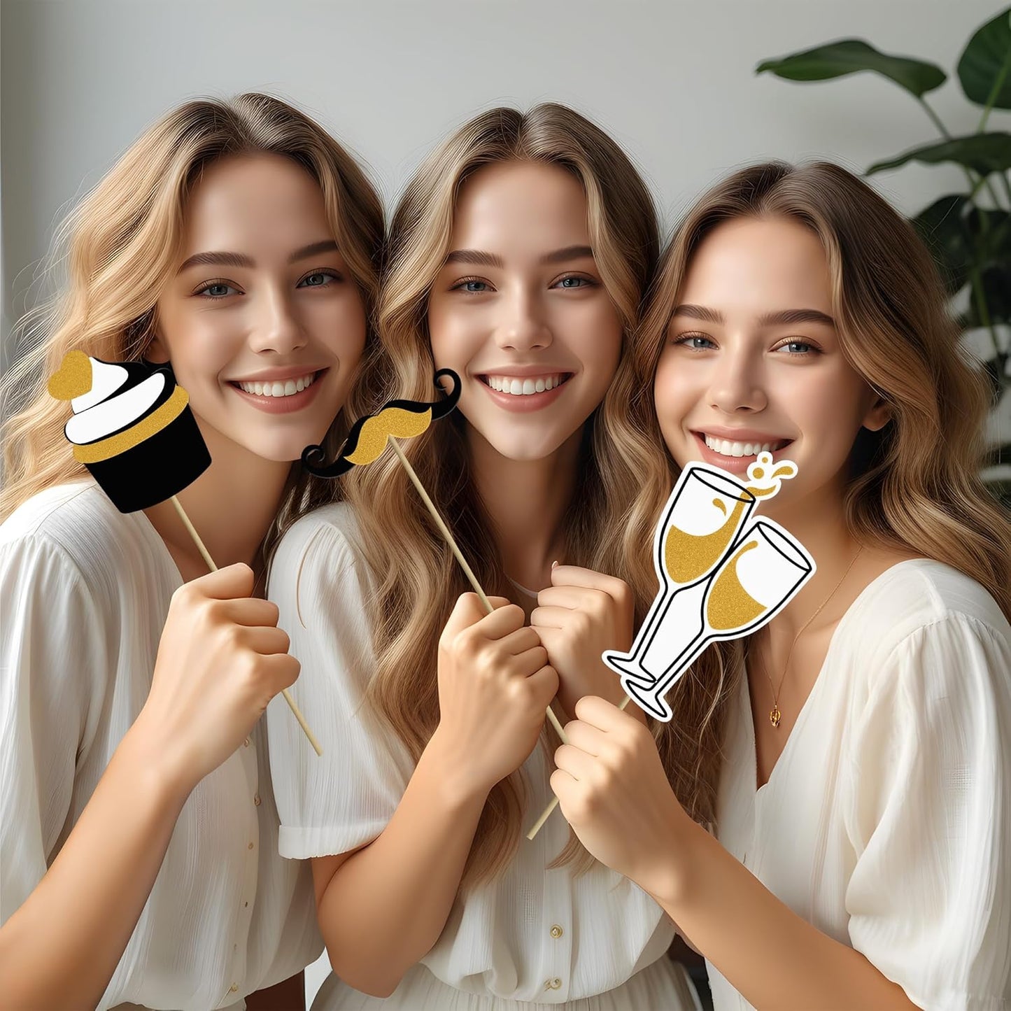 Photo Booth Props, Kaluofan 24PCS Photobooth Props, Funny Photo Props Party Props Accessories for Adults and Kids, Photo Booth Props for Wedding Birthday Christmas New Year‘s Eve(Black+Gold)