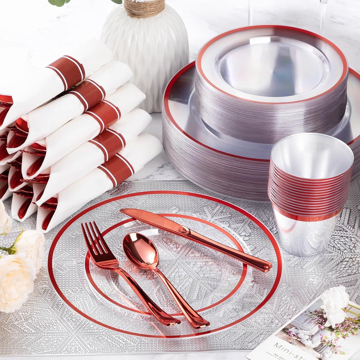 Goodluck 175 Piece Red Plastic Dinnerware Set for Party, Clear Disposable Plates for 25 Guests, Include: 25 Dinner Plastic Plates, 25 Dessert Plates, 25 Pre Rolled Napkins with Cutlery Set, 25 Cups