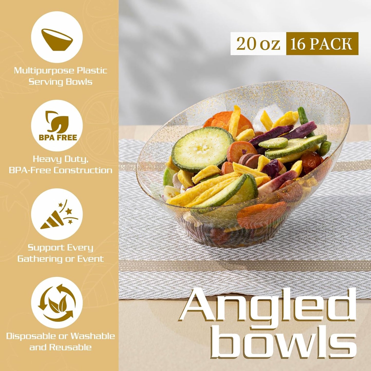 Liacere 16 Pack Gold Plastic Serving Bowls - 20 OZ Angled Party Table Salad and Fruit Bowls Disposable for Chip&Candy, Ideal for Wedding＆ Thanksgiving