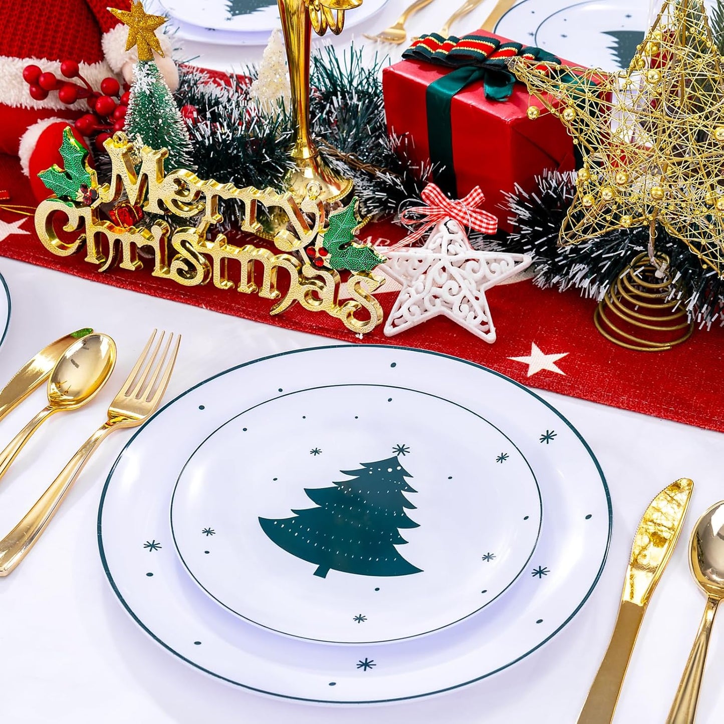 WDF 50 Pieces Christmas Plastic Plates - White Plastic Plates with Christmas Tree - Heavy Duty White and Green Disposable Plates for Christmas