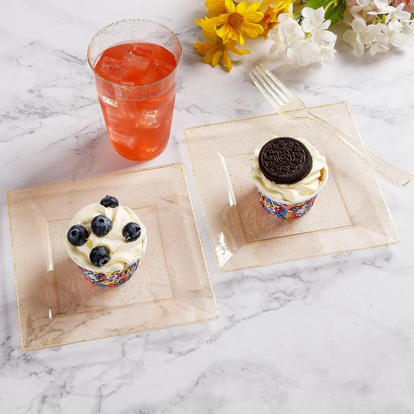 Goodluck 120PCS 6.5"Square Gold Glitter Dessert Plastic Plates with 7.4"Forks, Gold Appetizer Plates for 60 Guests, Including 60 Disposable Cake Plastic Plates and 60 Forks for Wedding/Birthday Party