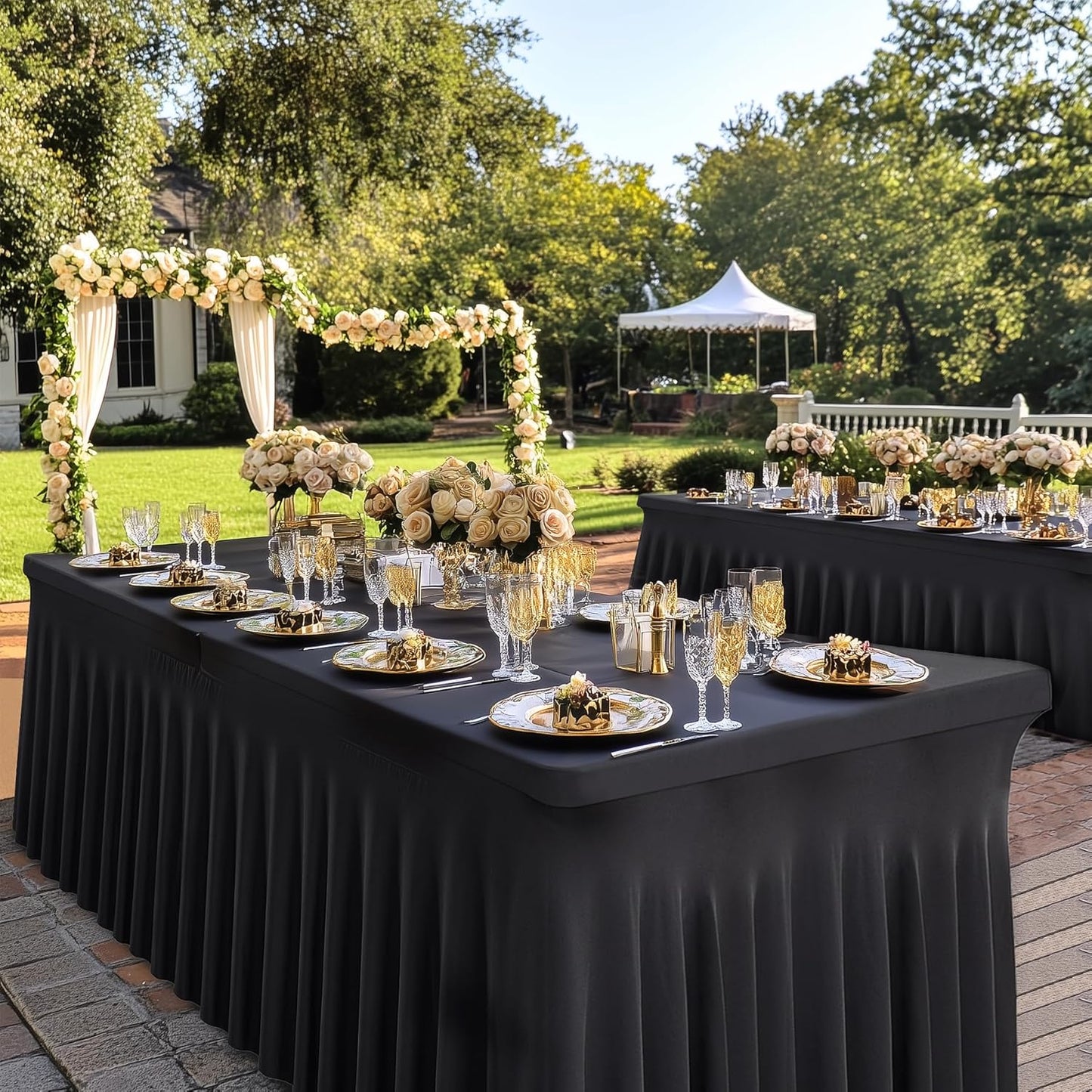 4 Pack Black Fitted Spandex Table Cloth Rectangle 8ft, Wrinkle Free High-Stretch Skirted Tablecloths for 8 Foot Rectangle Tables, Decor Parties Weddings Birthday Banquet Spandex Table Cloths Cover