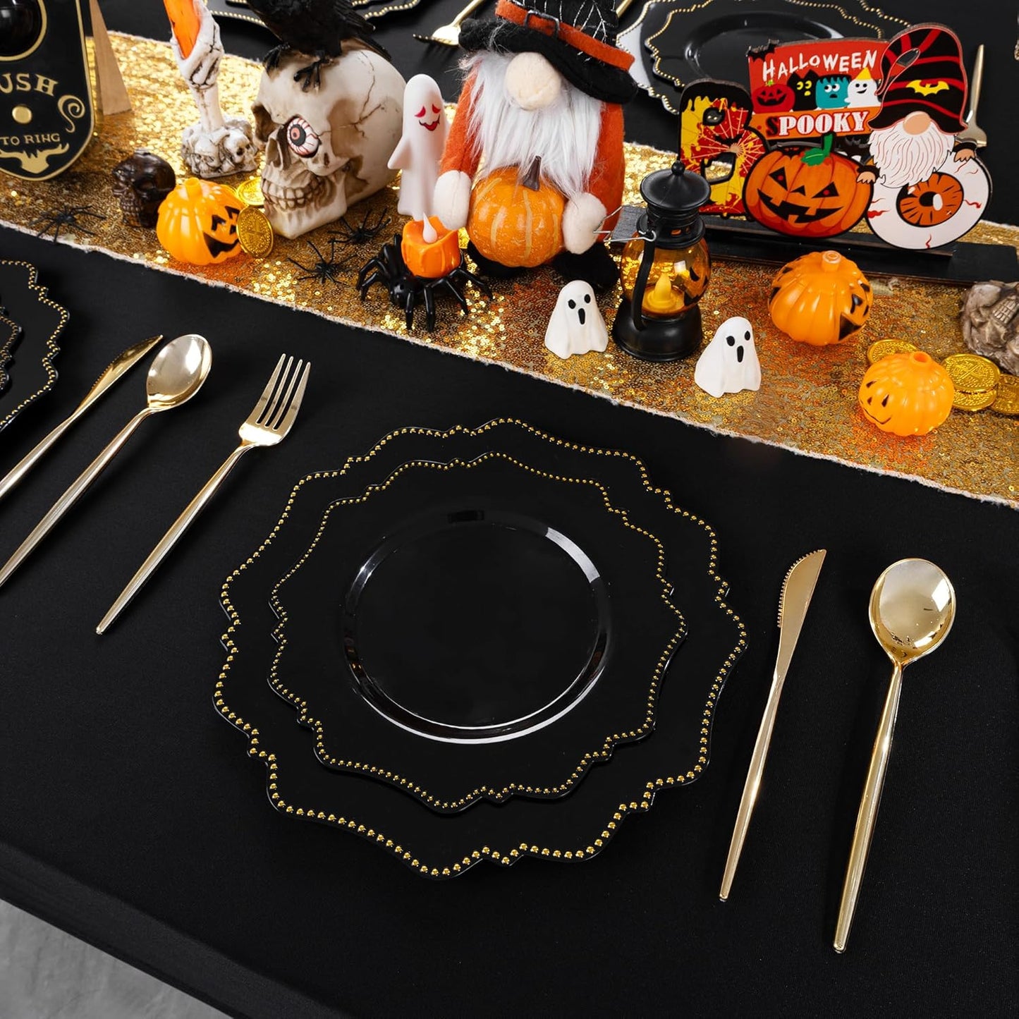 COLOSUS Black Plastic Plates Set,Heavy Duty Black Disposable Plates for 50 guests,Include 50PCS 10.5inch Dinner Plate and 50PCS 8.25 inch Dessert Plate for Halloween Party/Wedding/New Year/Birthday