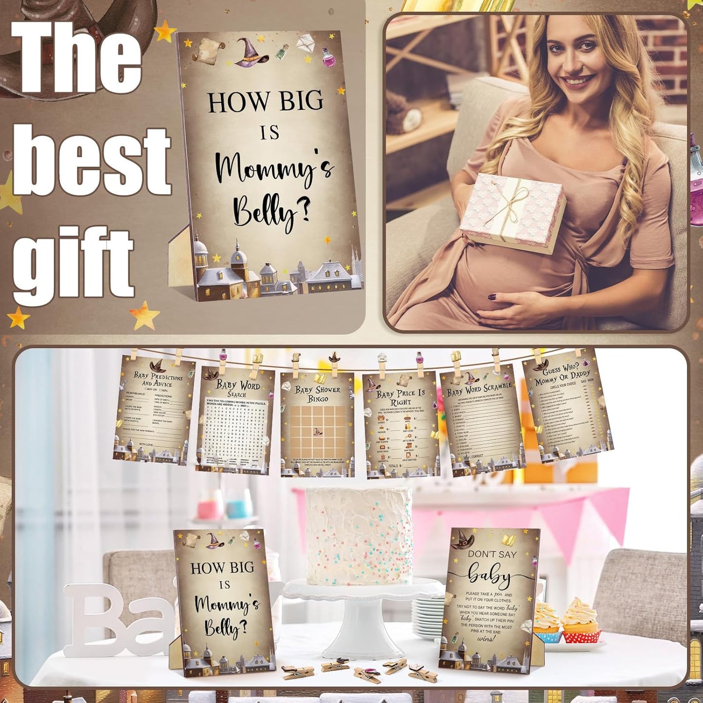 426 Pcs Magical Wizard Baby Shower Games Set-8 Games, Includes Baby Shower Bingo, Price, Guess Who, Word Scramble, Prediction and Advice, How Big is Mommy's Belly, Don't Say The Words