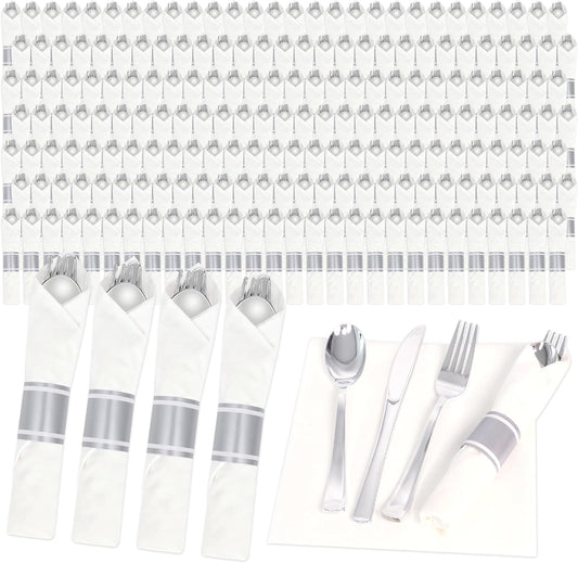 200 Pack Pre Rolled Silver Plastic Silverware Set,Wrapped Plastic Cutlery Set with Napkin Include 200 Forks,200 Spoons,200 Knives and 200 White Napkins for Party,Wedding