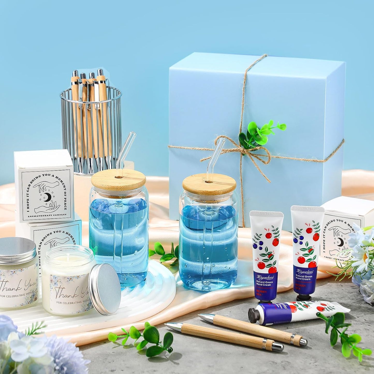 6 Sets Baby Shower Game Prizes for Winners, Glass Cup Scented Candles Hand Cream Pens Gift Box with Raffia for Baby Shower Wedding Bridal Favors for Guests(Blue)