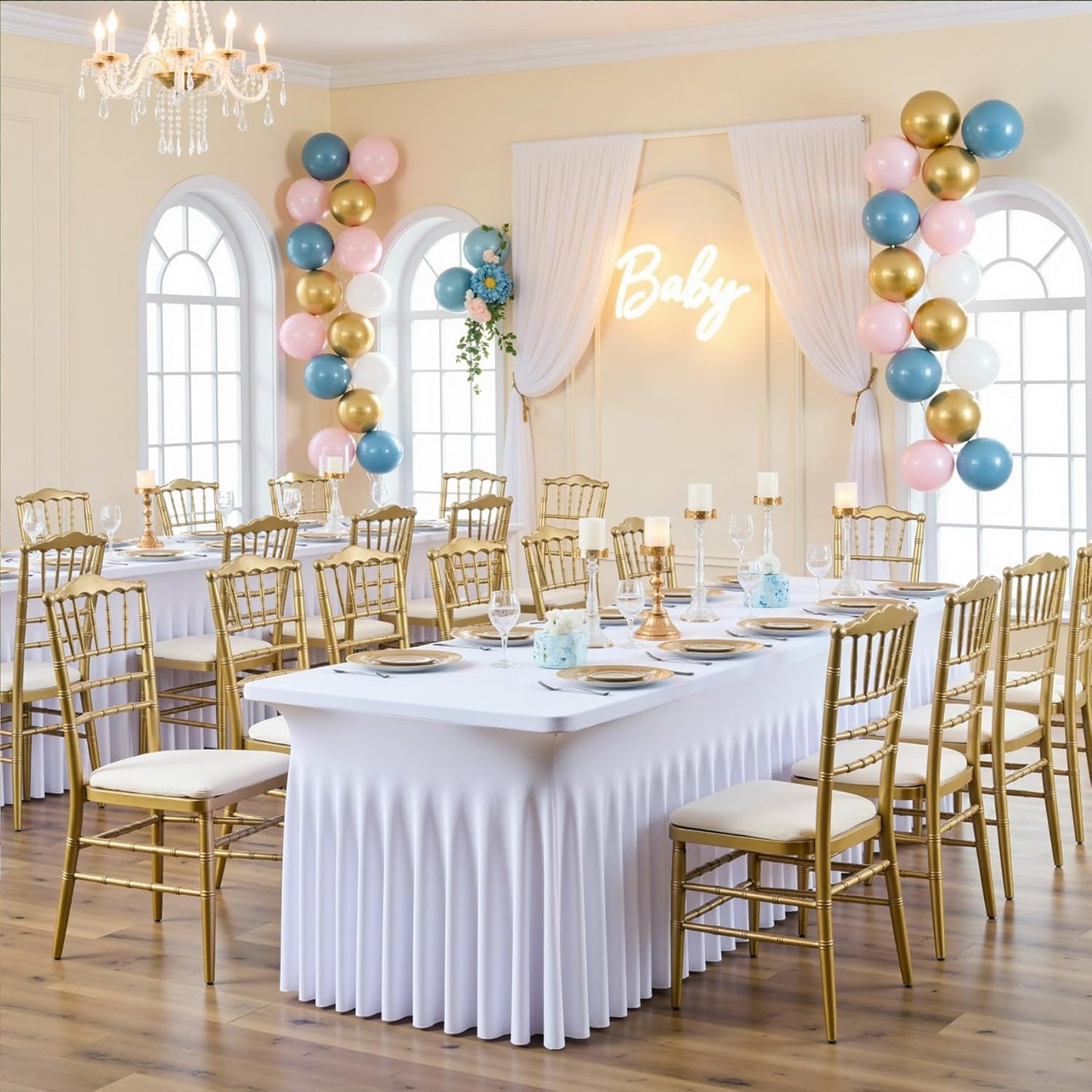 2 pk White Spandex Tablecloth 4ft with Ruffle Table Skirt, Wrinkle Free High Stretch Fitted Tablecloths for 6 Foot Rectangle Tables, Elastic Spandex Table Covers 6ft for Parties Weddings Banquet