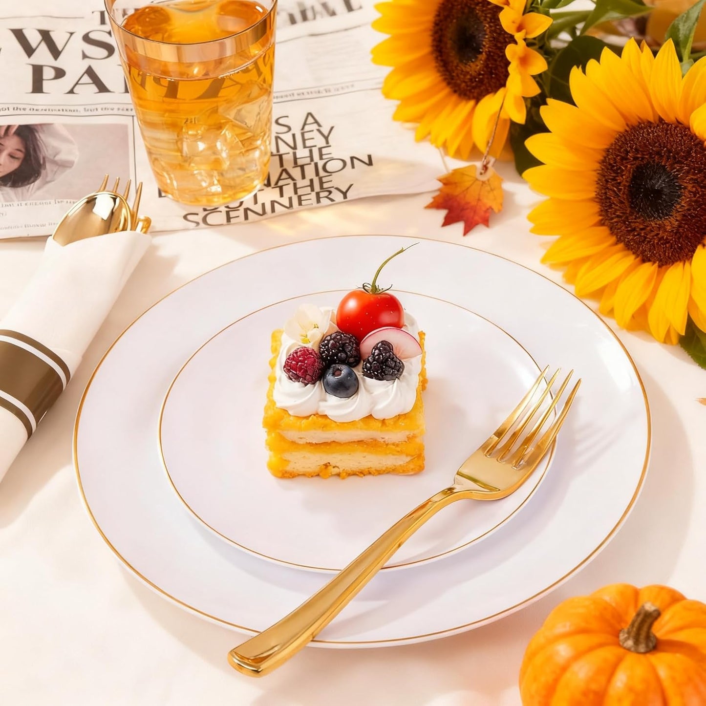 KIRE 350 PCS White and Gold Plates Disposable - Elegant Dinnerware Set of 50 Guest, White Plastic Plates With Gold Rim, Pre Rolled Napkins with Silverware & Cups for Thanksgiving Party/Wedding