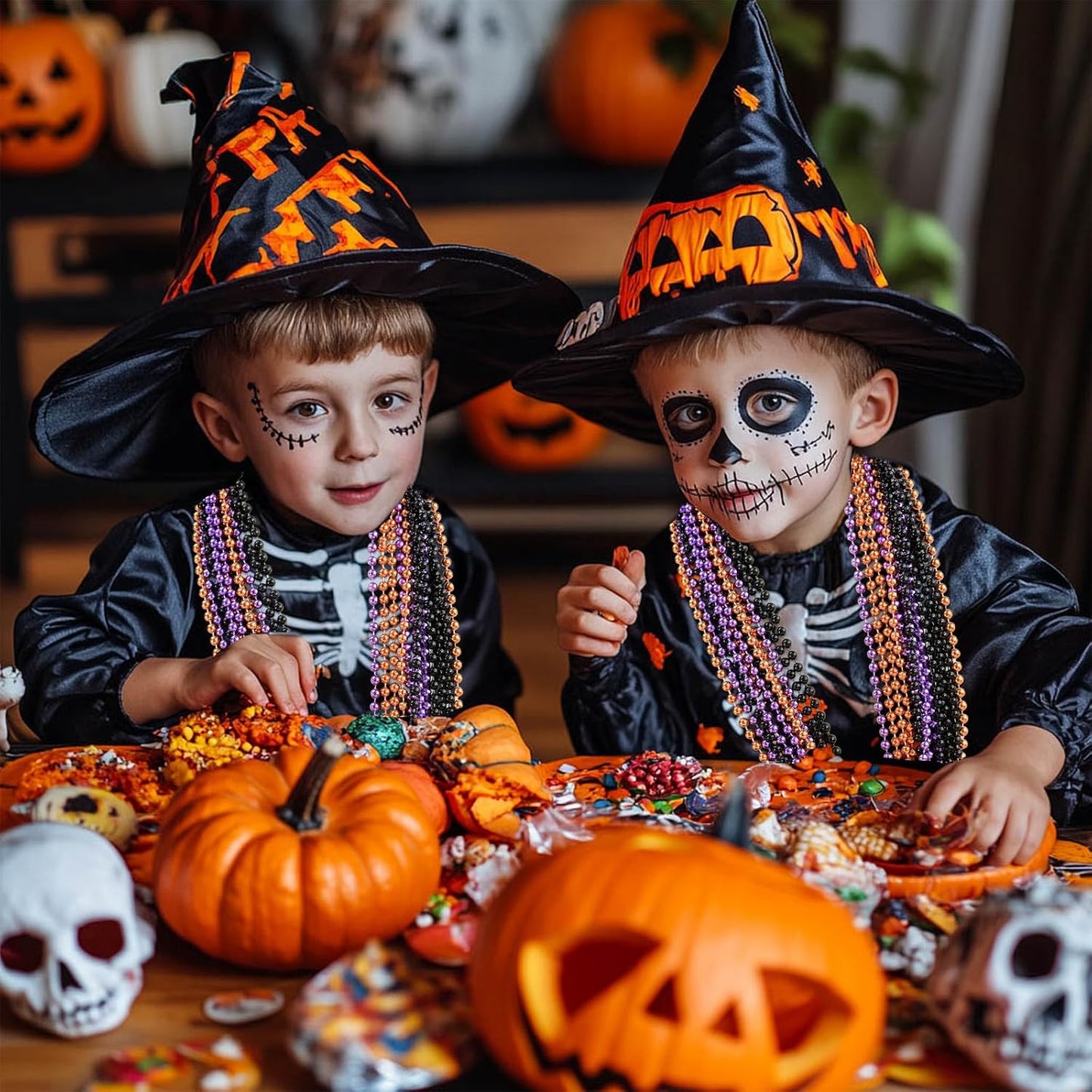 SHAOQINLIN 144PCS Halloween Bead Necklace, Purple Black Orange Bead Necklaces, 33" Metallic Beaded Party Necklaces for Halloween Parade Throws Halloween Trick or Treat Decorations