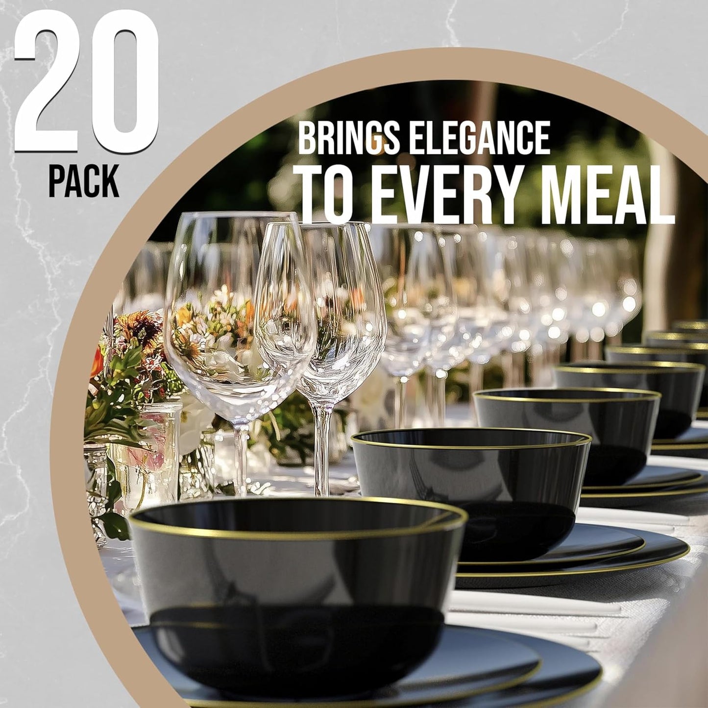 Trendables Plastic Bowls Disposable Bowls 24 Oz Bowl Set Of 20 Black Gold Rimmed Fancy Plastic Serving Dishes Perfect for Parties and Events Disposable Candy Bowl