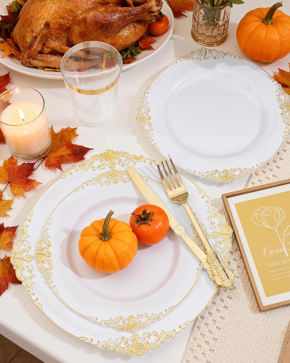 Nervure 175PCS Gold Plastic Plates - Disposable White Gold Party Plates & Pre Rolled Napkins with Cutlery for 25 Guests, 50Plates, 75Silverware, 25Cups, 25Napkin for Wedding & Party & Thanksgiving