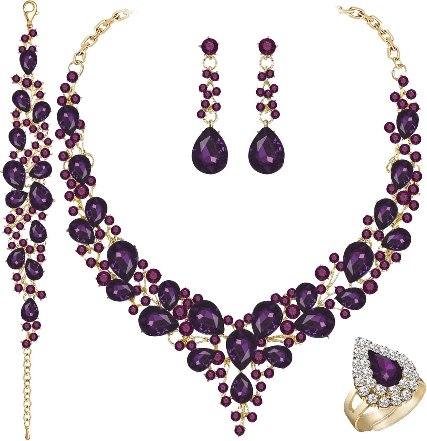 Crystal Bridal Wedding Jewelry Sets for Women Rhinestone Teardrop Crystal Statement Choker Necklace Drop Earrings Link Bracelets Rings Teardrop Jewelry Set for Brides Bridesmaids