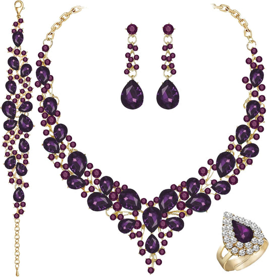 Crystal Bridal Wedding Jewelry Sets for Women Rhinestone Teardrop Crystal Statement Choker Necklace Drop Earrings Link Bracelets Rings Teardrop Jewelry Set for Brides Bridesmaids