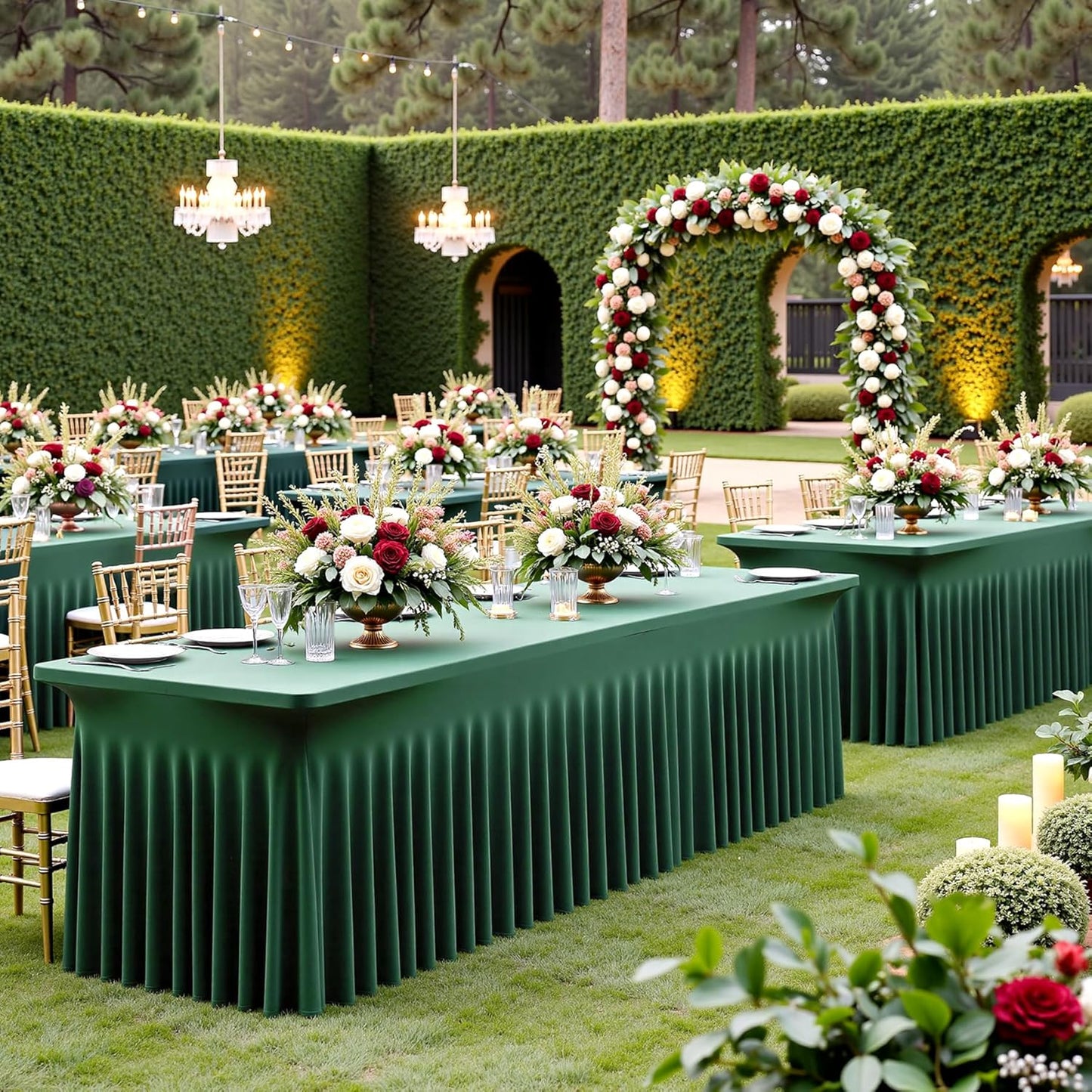 4 pk Hunter Green Spandex Tablecloth for 6 Foot Rectangle Tables, Wrinkle Free Fitted Spandex Table Covers 6ft Green Stretch Table Cloths with Ruffle Skirt for Parties Weddings Banquet Baby Shower