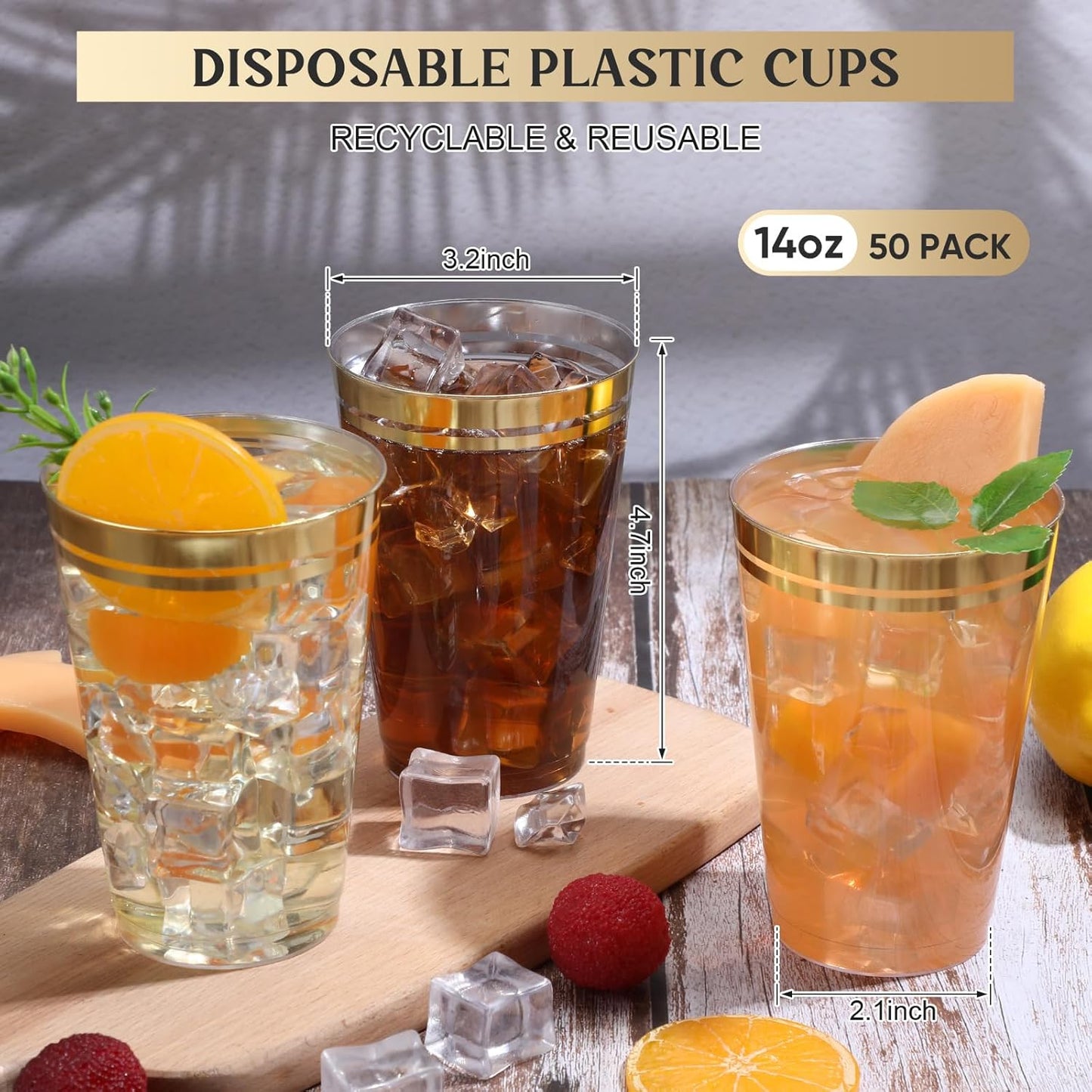 Sliner 50 Pcs Hard Plastic Cups Double Rimmed Plastic Cups Heavy Duty Fancy Disposable Wine Glasses for Holiday Wedding Graduation Birthdays Christmas Valentine Parties(14 Oz,Gold)