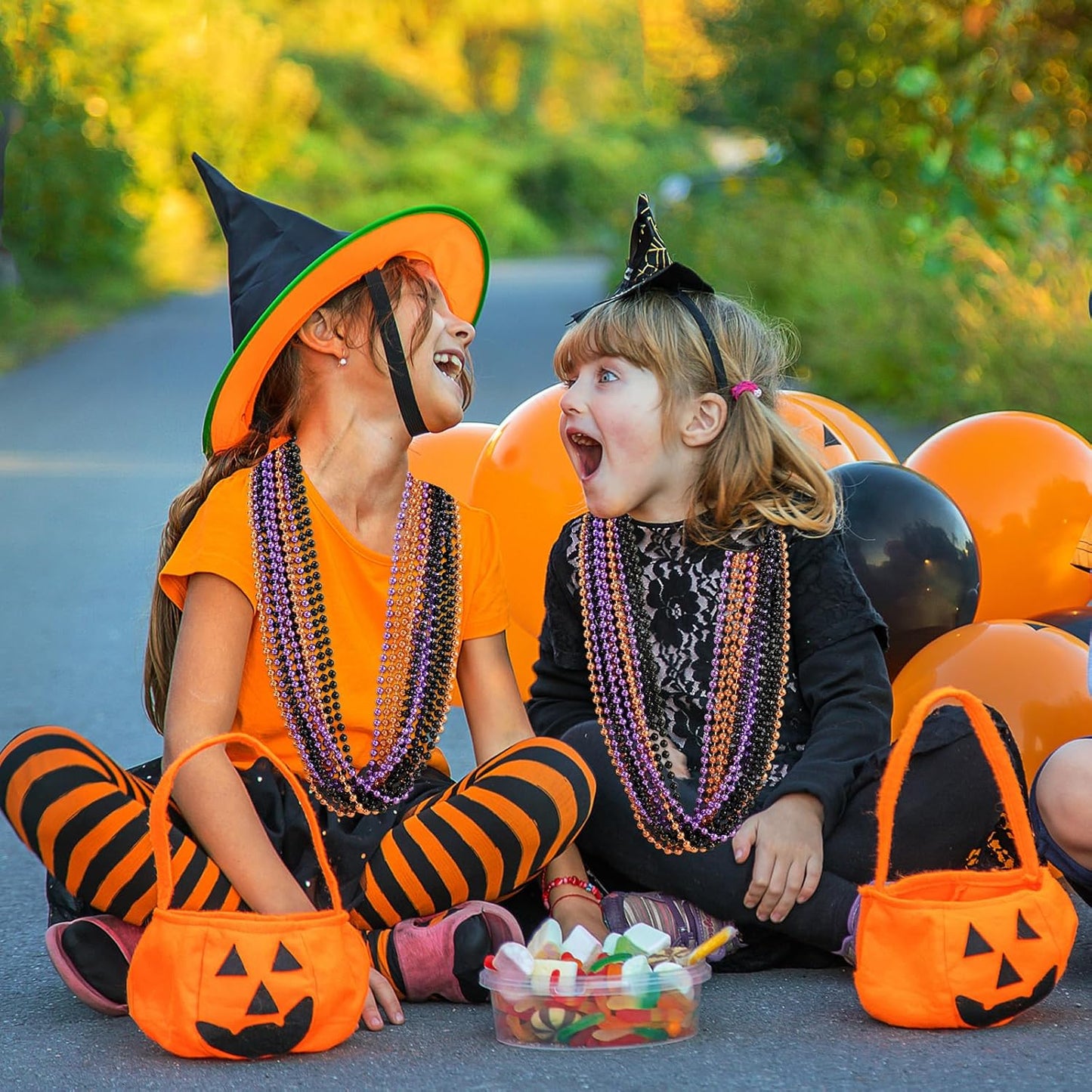 SHAOQINLIN 144PCS Halloween Bead Necklace, Purple Black Orange Bead Necklaces, 33" Metallic Beaded Party Necklaces for Halloween Parade Throws Halloween Trick or Treat Decorations