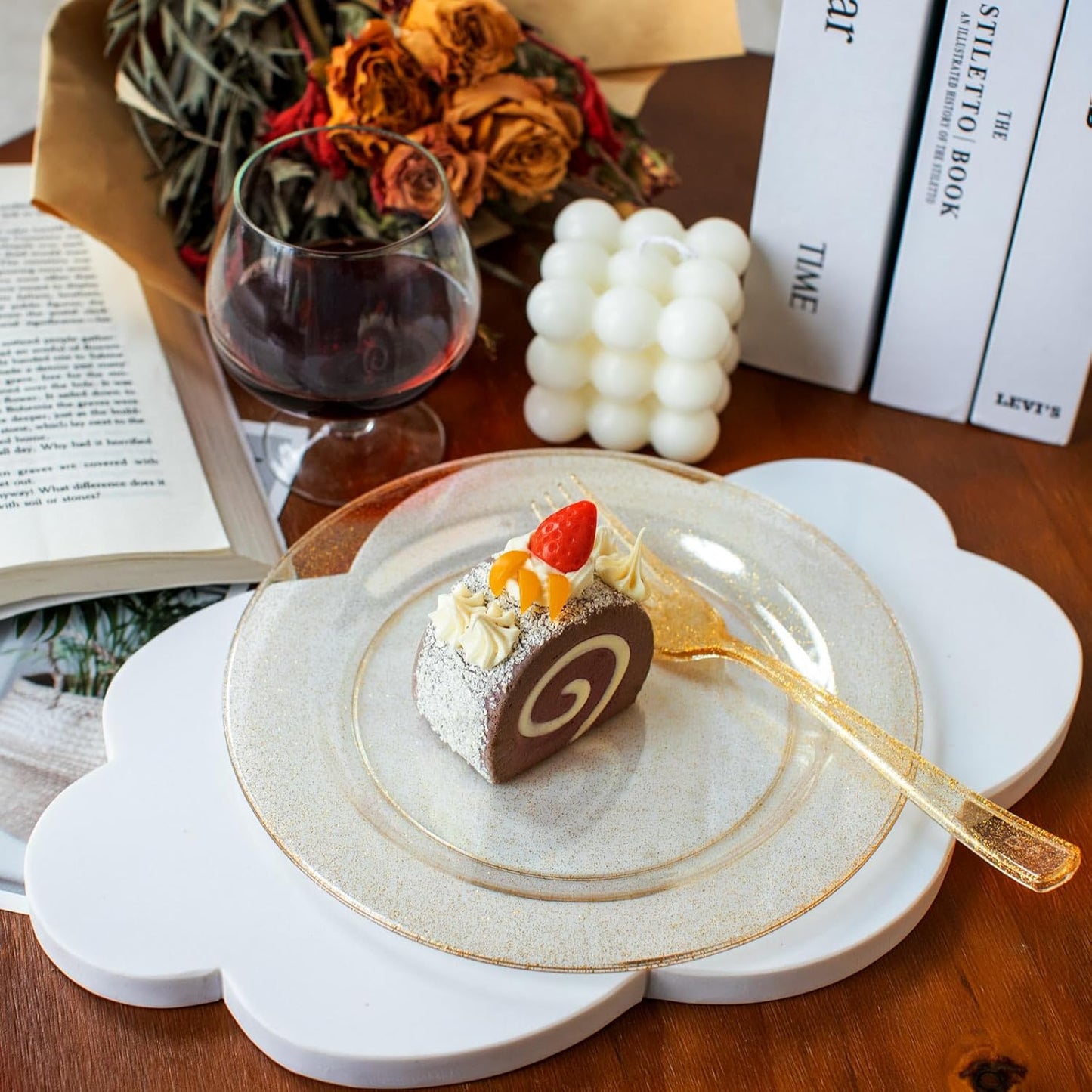 I00000 72 Pieces Plastic Dessert Plates 7.5" & 72 Pieces Gold Disposable Forks 7.4" with Gold Glitter, Gold Disposable Plates, Plastic Salad Plates for Thanksgiving