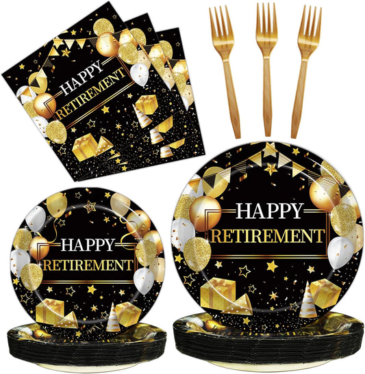 96 Pcs Retirement Party Plates and Napkins Set, Happy Retirement Party Supplies Decorations for Men Women Gold and Black Farewell Going Away Disposable Dinnerware Tableware Kit, Serves 24
