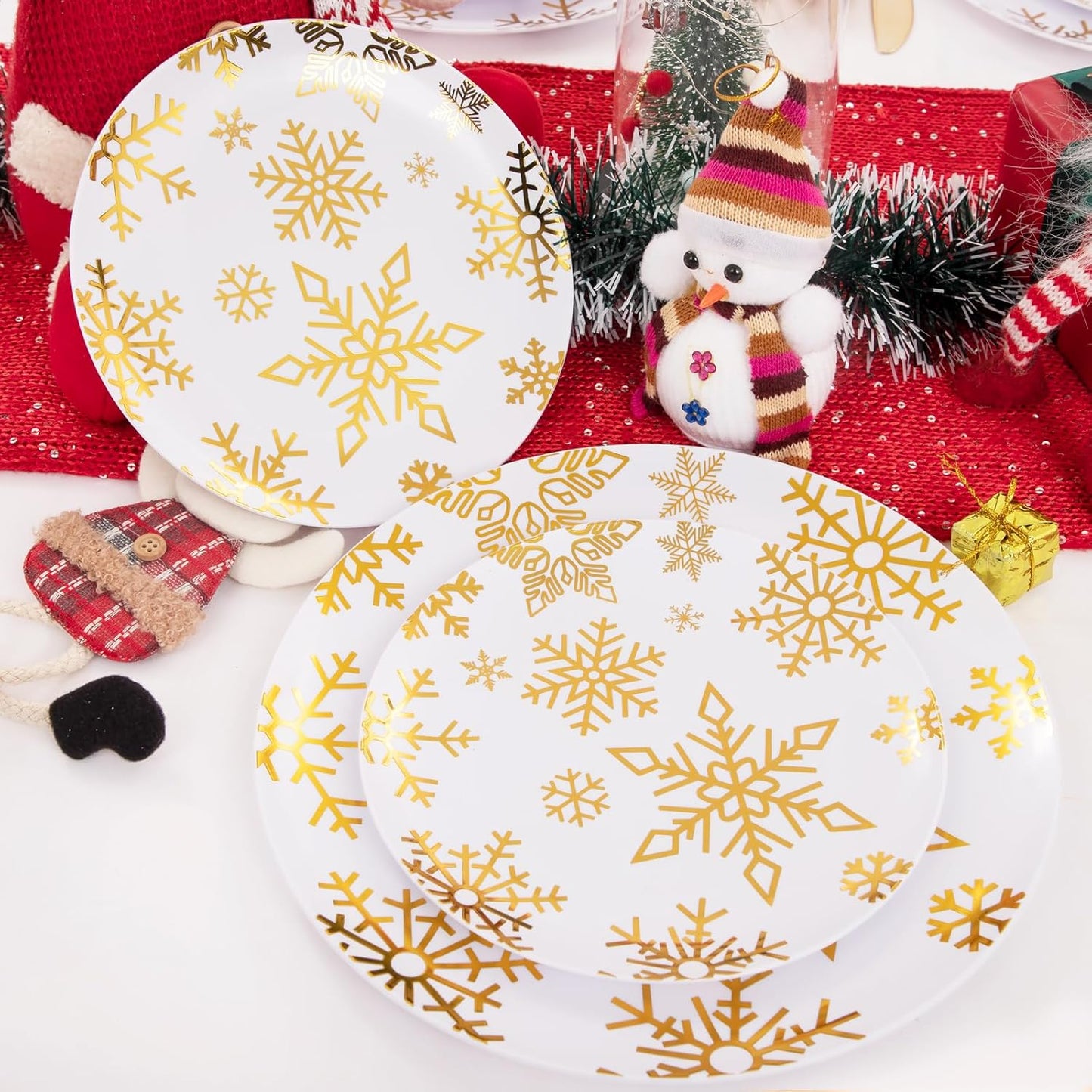 WDF 50 Pieces Plastic Christmas Plates - White and Gold Plates with Snowflake include 25 Dinner Plates, 25 Salad Plates - Disposable Gold Plastic Plates for Christmas Party, Winter