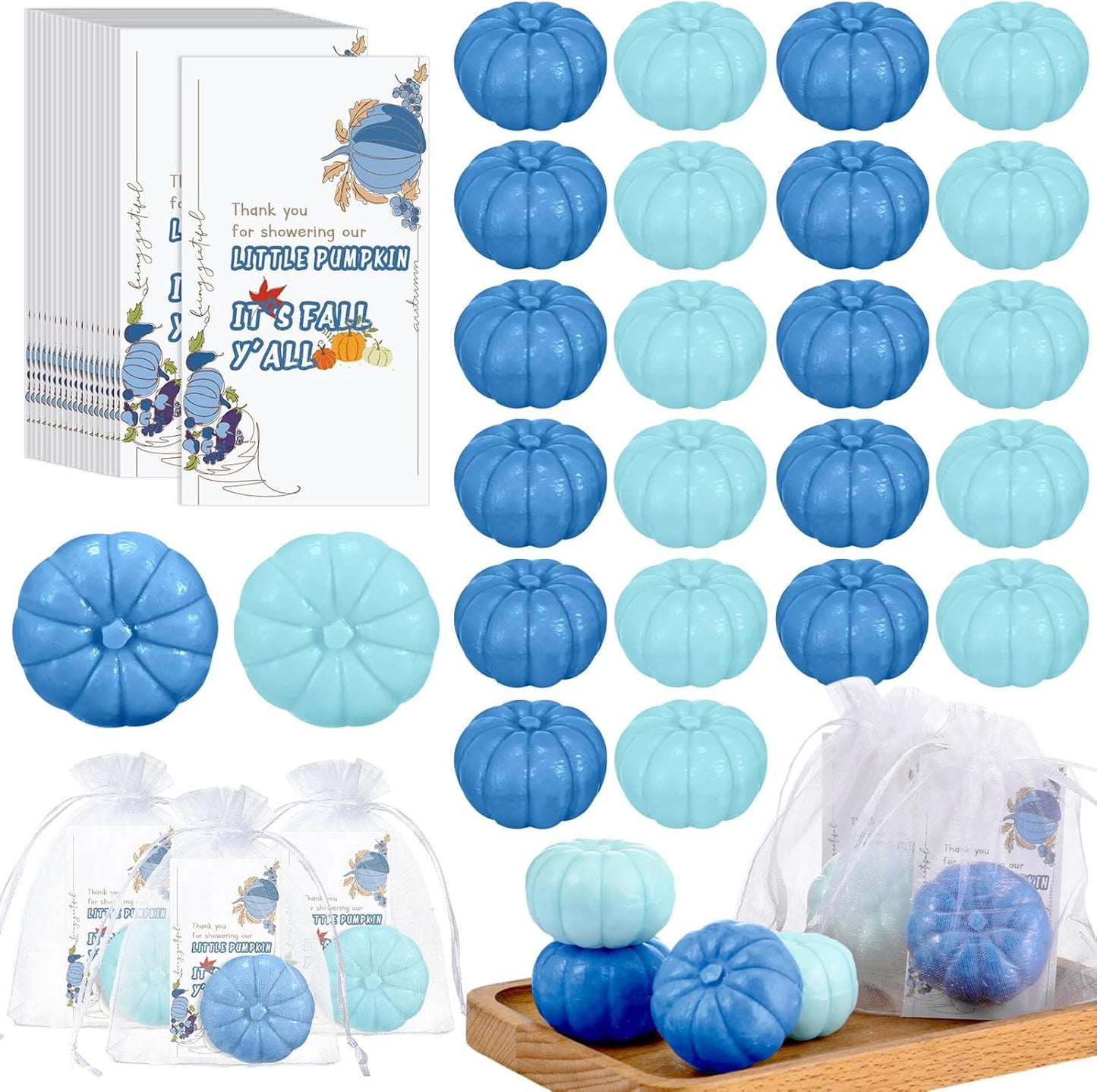Liliful 50 Sets Pumpkin Soap Baby Shower Favors Thanksgiving Fall Favors for Bridal Shower Wedding Party Decorations 50 Little Pumpkin Soaps 50 Thanks Cards 50 Organza Bags Gender Reveal Gift(Blue)