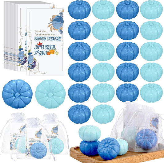 Liliful 50 Sets Pumpkin Soap Baby Shower Favors Thanksgiving Fall Favors for Bridal Shower Wedding Party Decorations 50 Little Pumpkin Soaps 50 Thanks Cards 50 Organza Bags Gender Reveal Gift(Blue)