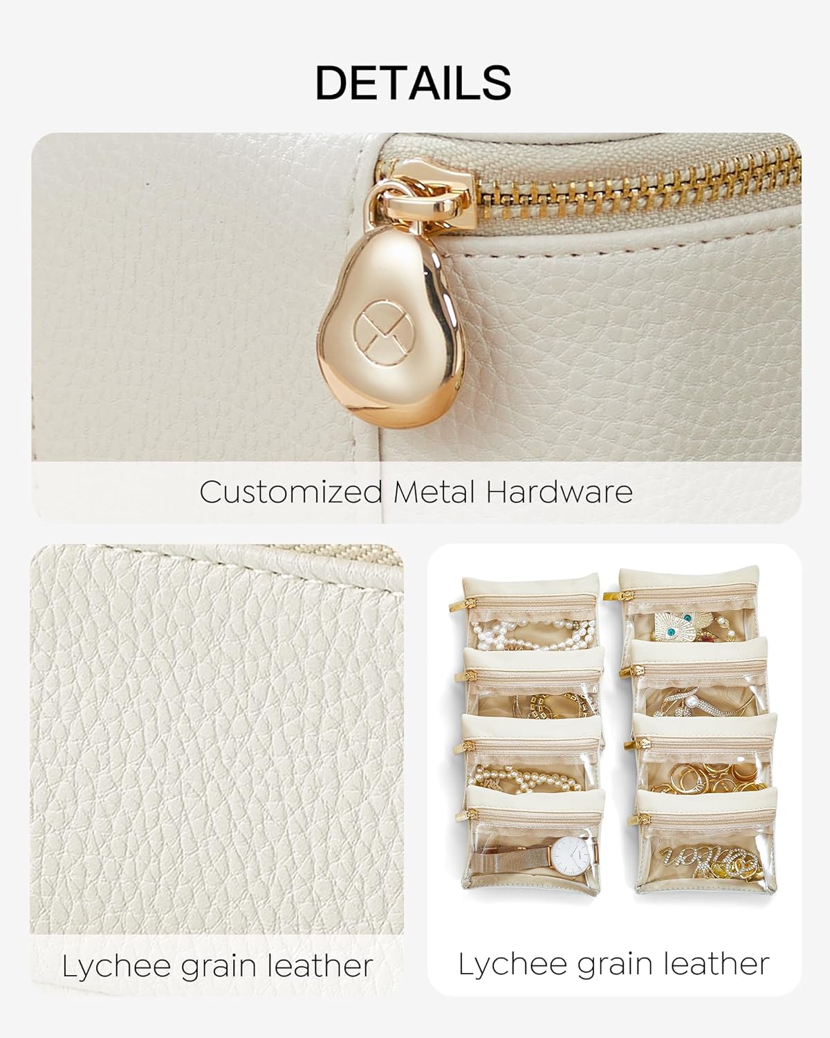 Vlando Travel Jewelry Organizer,PU Leather Jewelry Case Box for Travelers with 8 Pcs Claer Velvet Jewelry Bags Wedding Gifts for Women-White