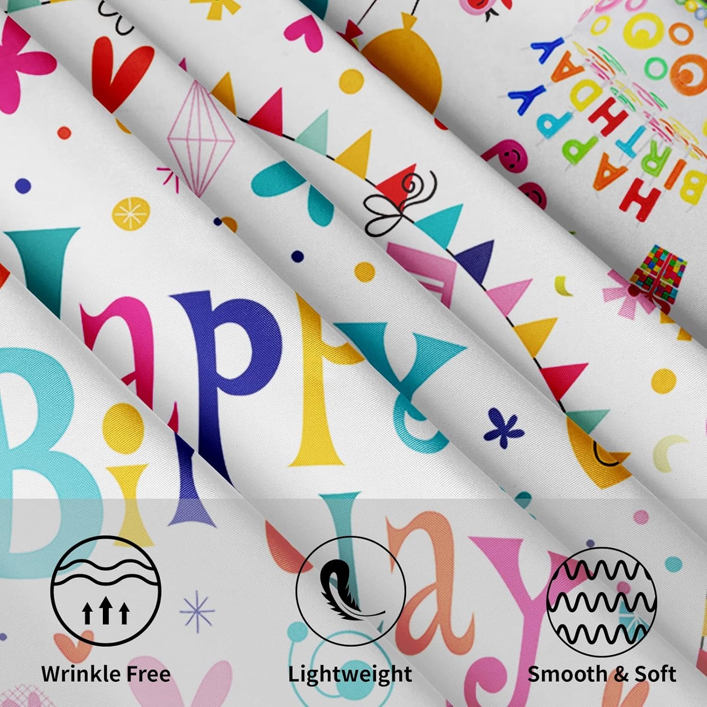 Giwawa Happy Birthday Round Tablecloth- Birthday Cake Design with Colorful Flags Balloons Gifts Collection- 60in Circle Table Cloth Cover for Birthday Party Decoration Kitchen Dining Room