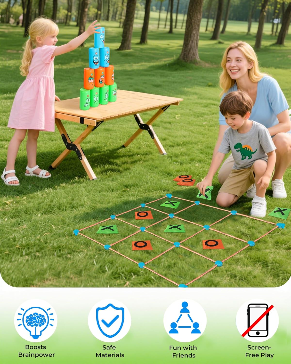 2-in-1 Giant Tic Tac Toe and Can Toss Game - Outdoor Games for Kids & Family, Backyard and Indoor Party Game Set with Bean Bags & Storage Bag